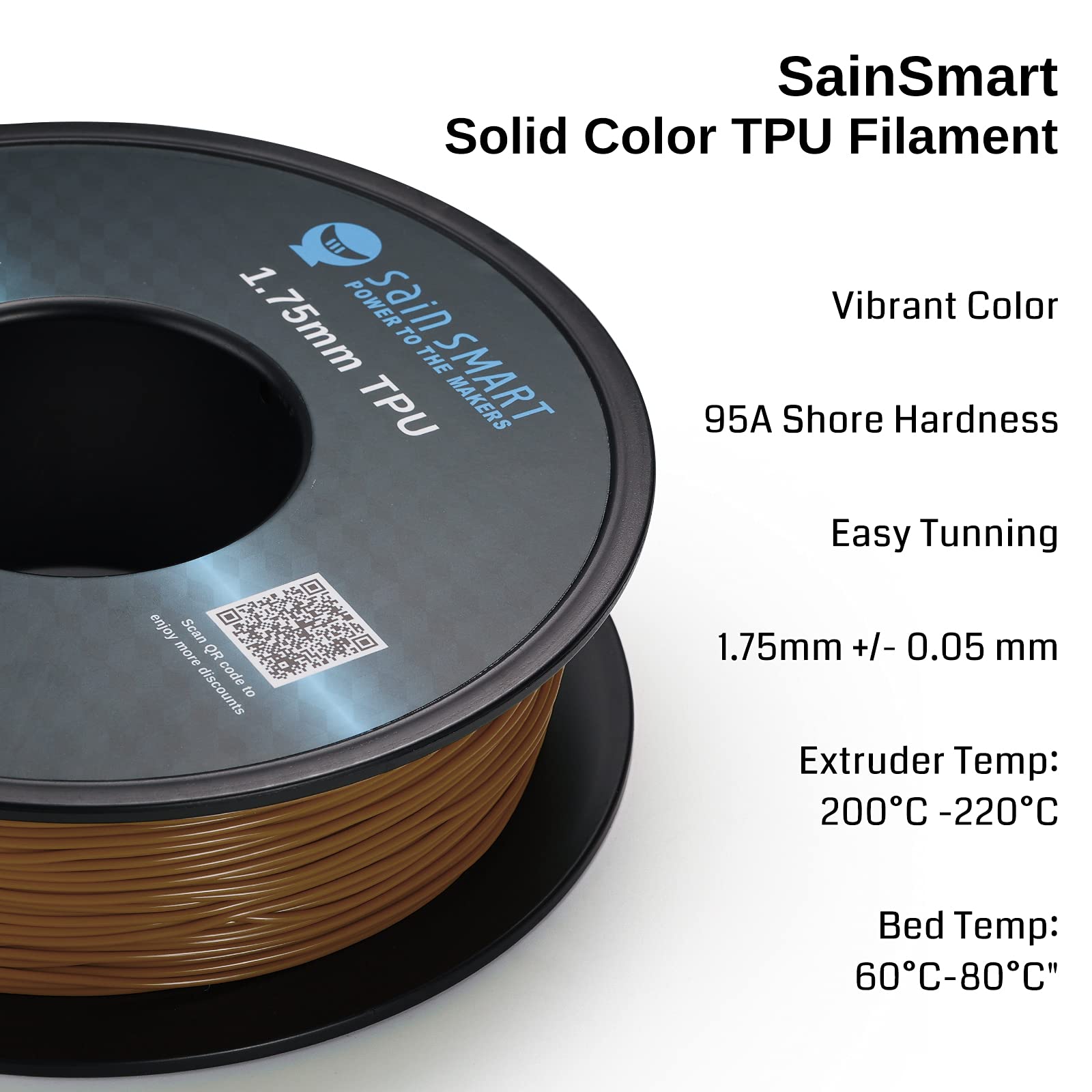 Sainsmart Caramel Flexible Tpu 3D Printing Filament, 1.75Mm, 0.8Kg, +/-0.05Mm Dimensional Accuracy