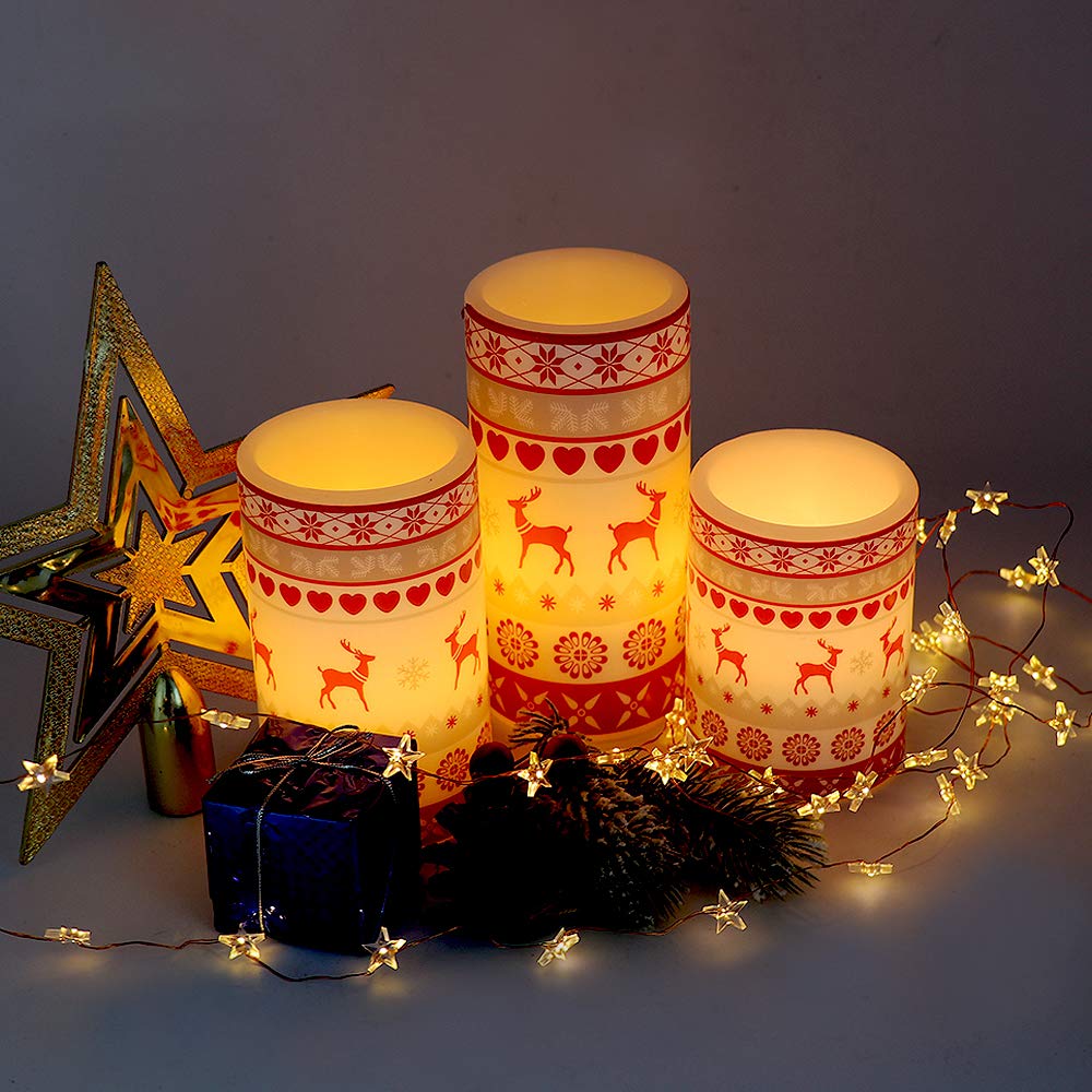 Wondise Flameless Pillar Candles Battery Operated With Timer, Real Wax Led Flickering Reindeer Decal For Christmas Home Decor, S