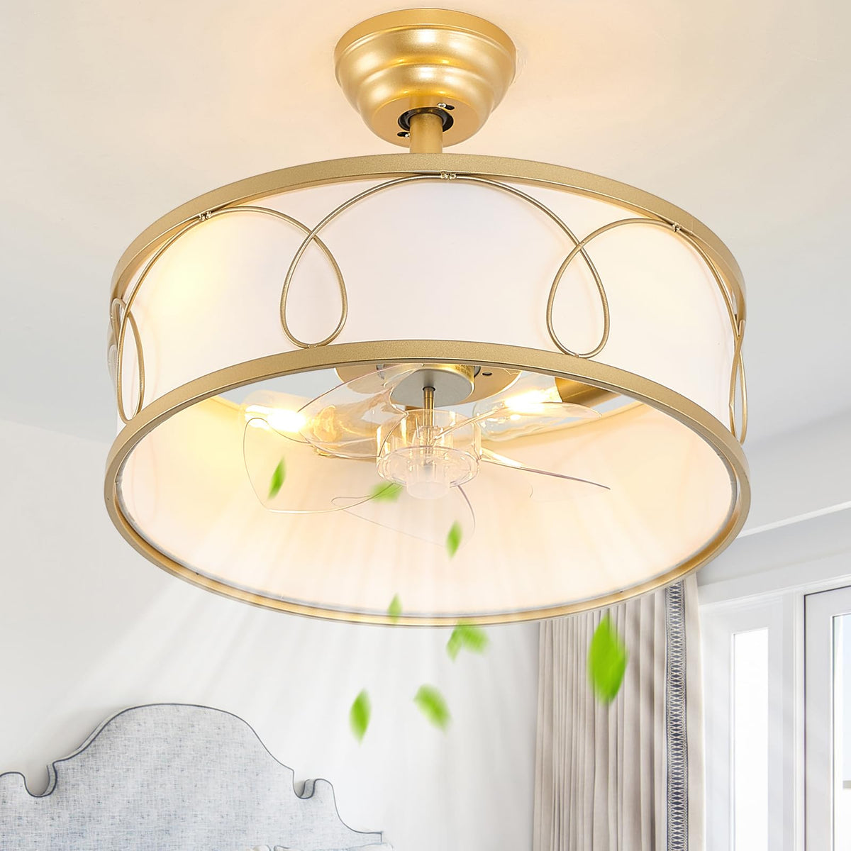 Sydacg 20'' Gold Fandelier Ceiling Fan With Light, Fabric Boho Chandelier Ceiling Fans With Lights Remote Control, Mid Century M