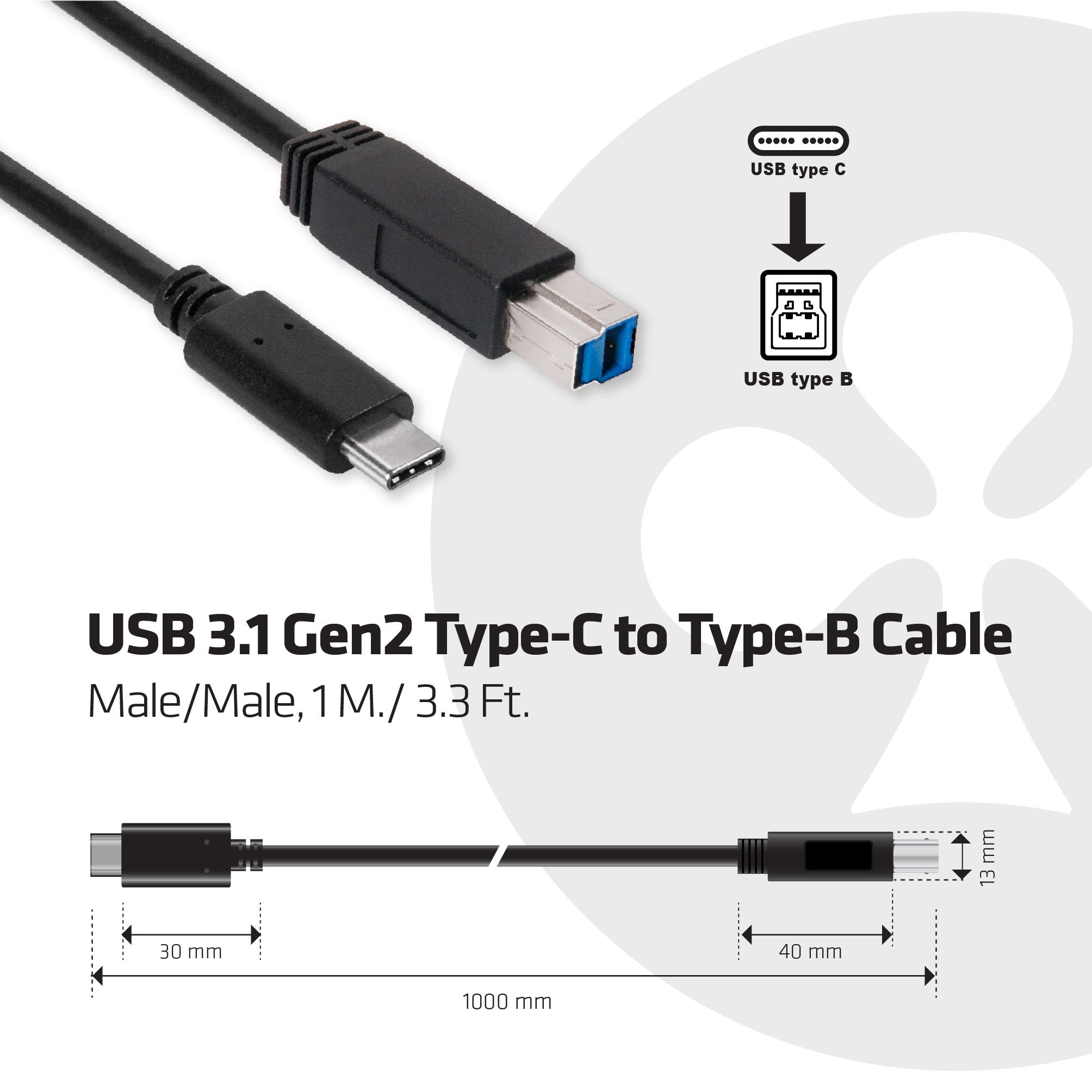Club3D Cac 1524 Usb 3.1 Gen2 10Gbps Type C To Type B Cable Male, Black