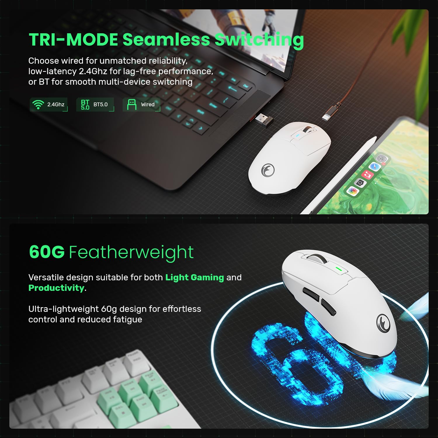 Ifyoo G59 2.4G/Bt/Wired Wireless Gaming Mouse, Rechargeable Usb Type-C Wireless Game Mouse, 6 Adjustable Dpi, Max 8000 Dpi, 60G