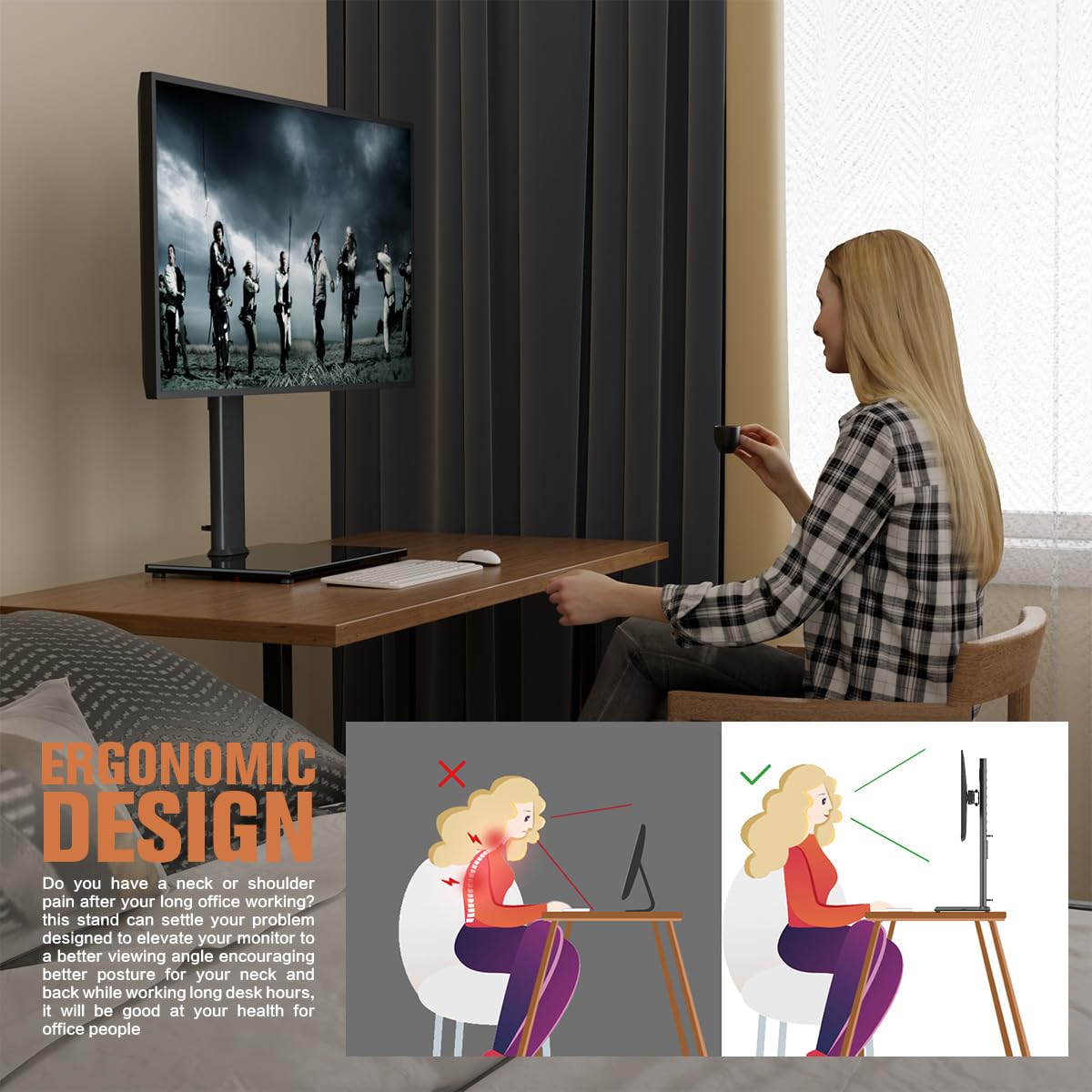 Single Monitor Stand Freestanding 27 43 Inch Monitor Arm Curved Screen Monitor Mount Tempered Glass Base Adjustable Motion Tilt