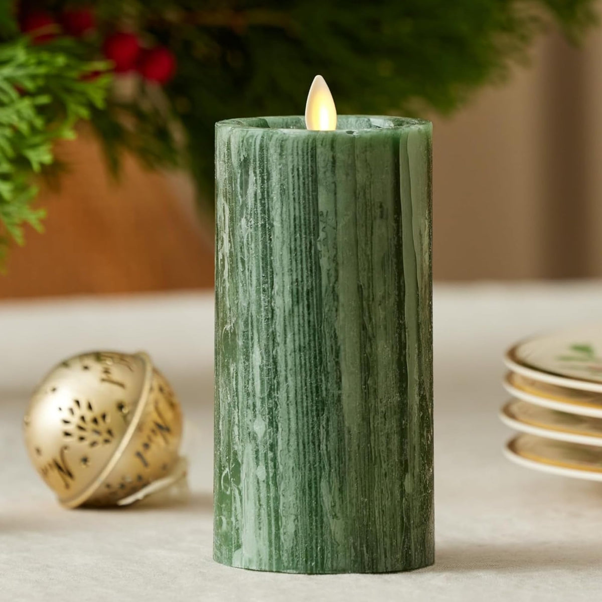 Luminara Selenite Looking Flameless Candle, Holiday Green 3'' X 6.5'', Battery Operated Real Wax Moving Flame Led Pillar Wi/Time