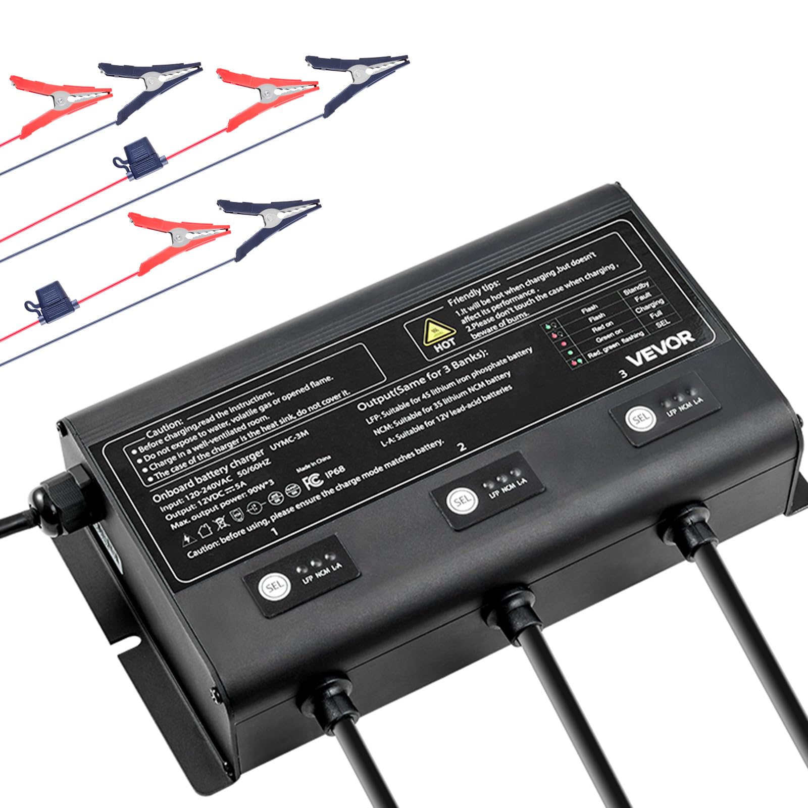 VEVOR Marine Battery Charger, 3-Bank, 5A    3, 12V Onboard Boat Charger, IP68 Waterproof Smart On-Board Battery Charger for Lith