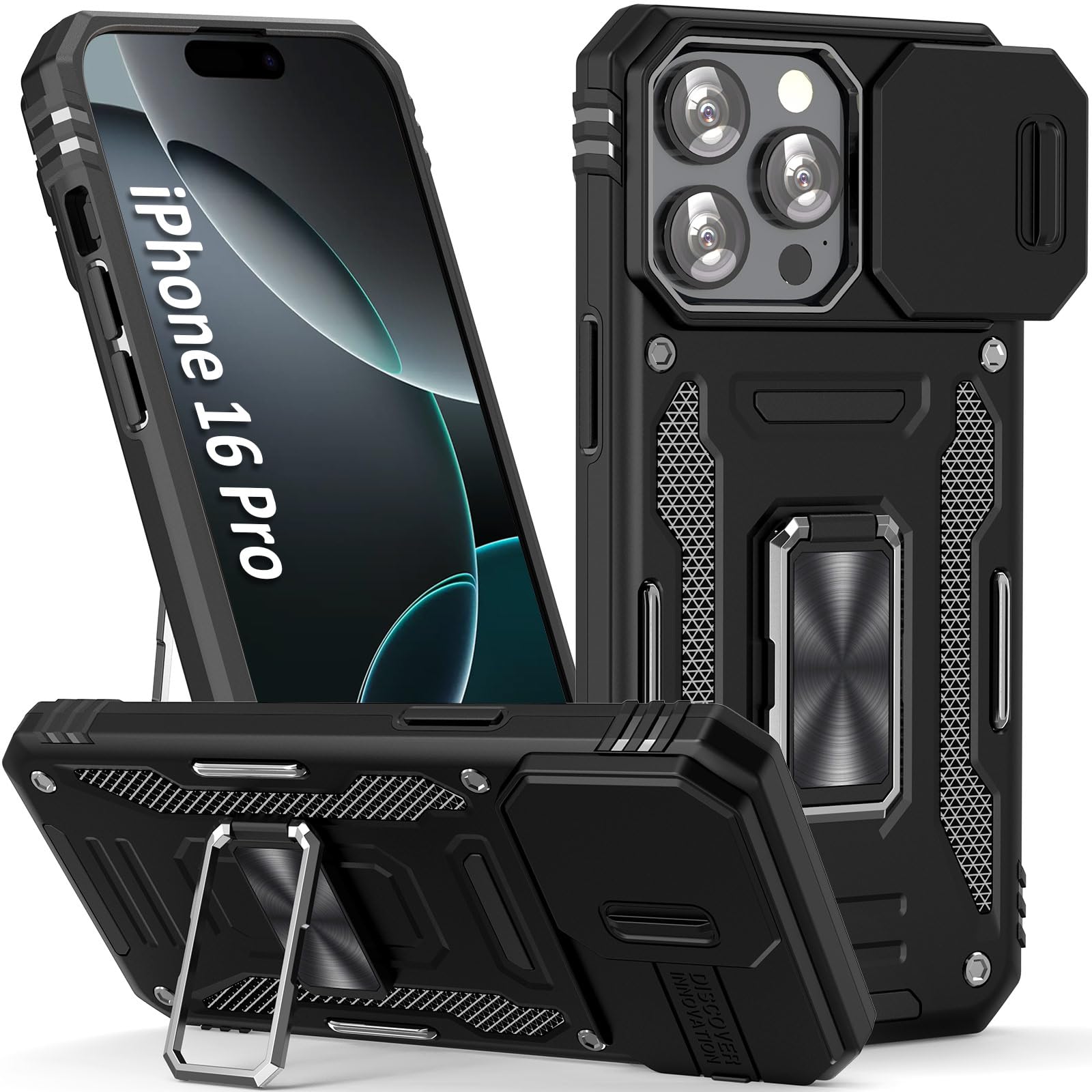 Sefing Case For I Phone 16 Pro Phone Case 16 Pro Case With Camera Cover, With Ring Holder Kickstand, With Magnet Car Mount Funct