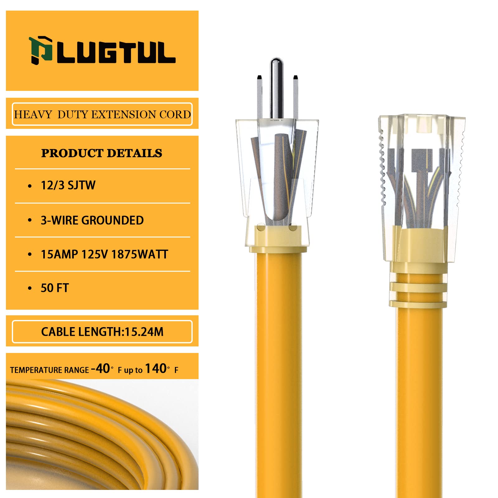 Plugtul 12 Gauge Extension Cord 50 Ft, Heavy Duty Outdoor Extension Cord Waterproof Lighted End Sjtw, 3 Prong Grounded Plug For