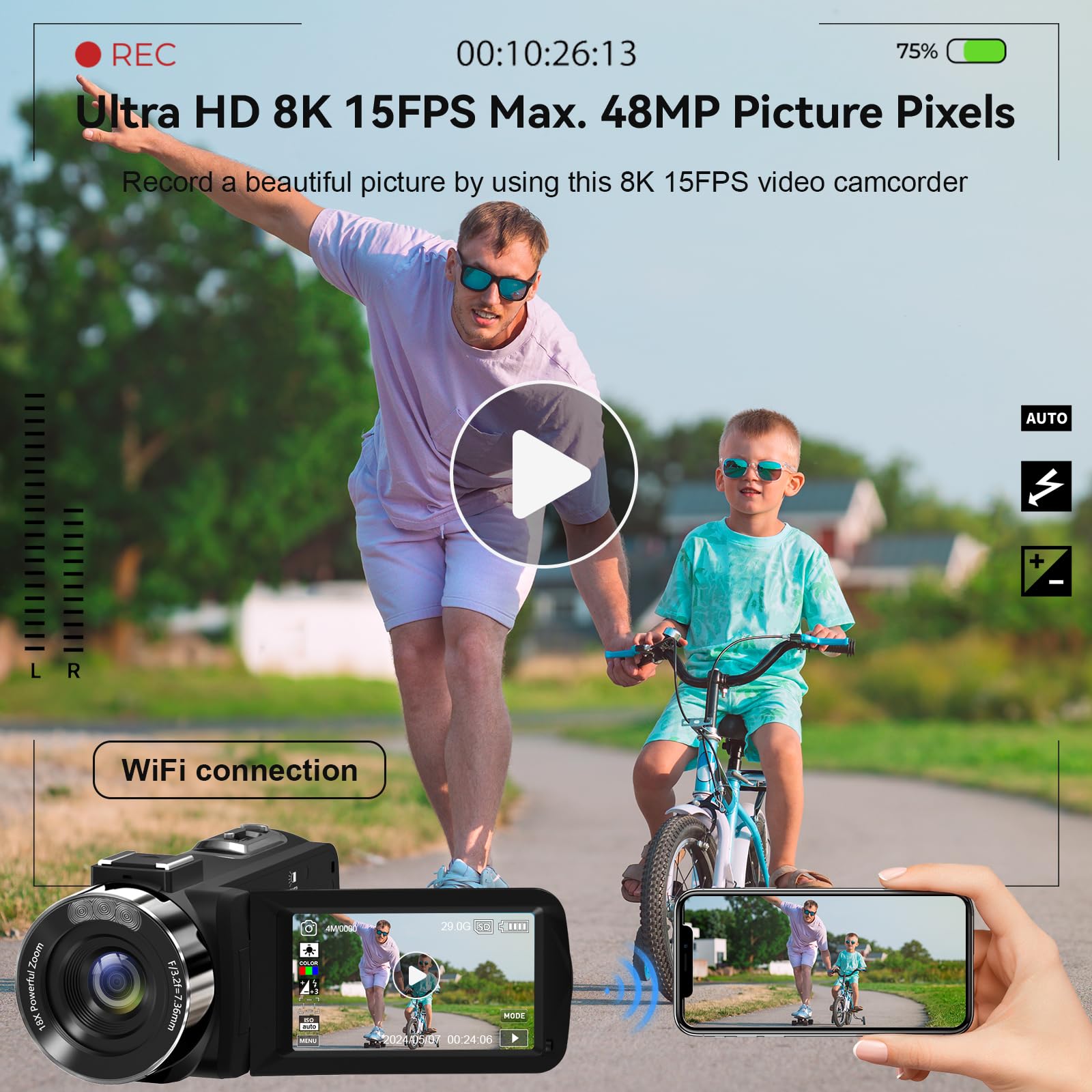 Wikico Video Camera, 8K Camcorder 48Mp Vlogging Camera For Youtube 18X Digital Zoom 3    Touch Screen With Wifi, External Mic, F