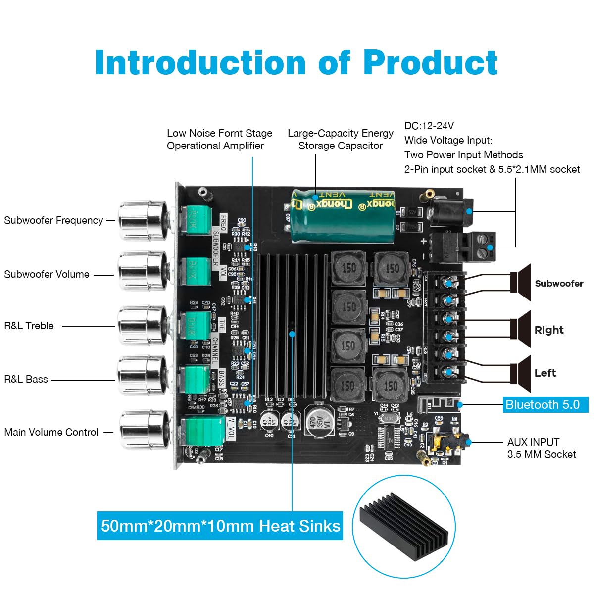 Bluetooth 5.0 50W+50W+100W 2.1 Channel Subwoofer Amplifier Board Tpa3116D2 Hifi Treble And Bass Control Stereo Digital Audio Amp