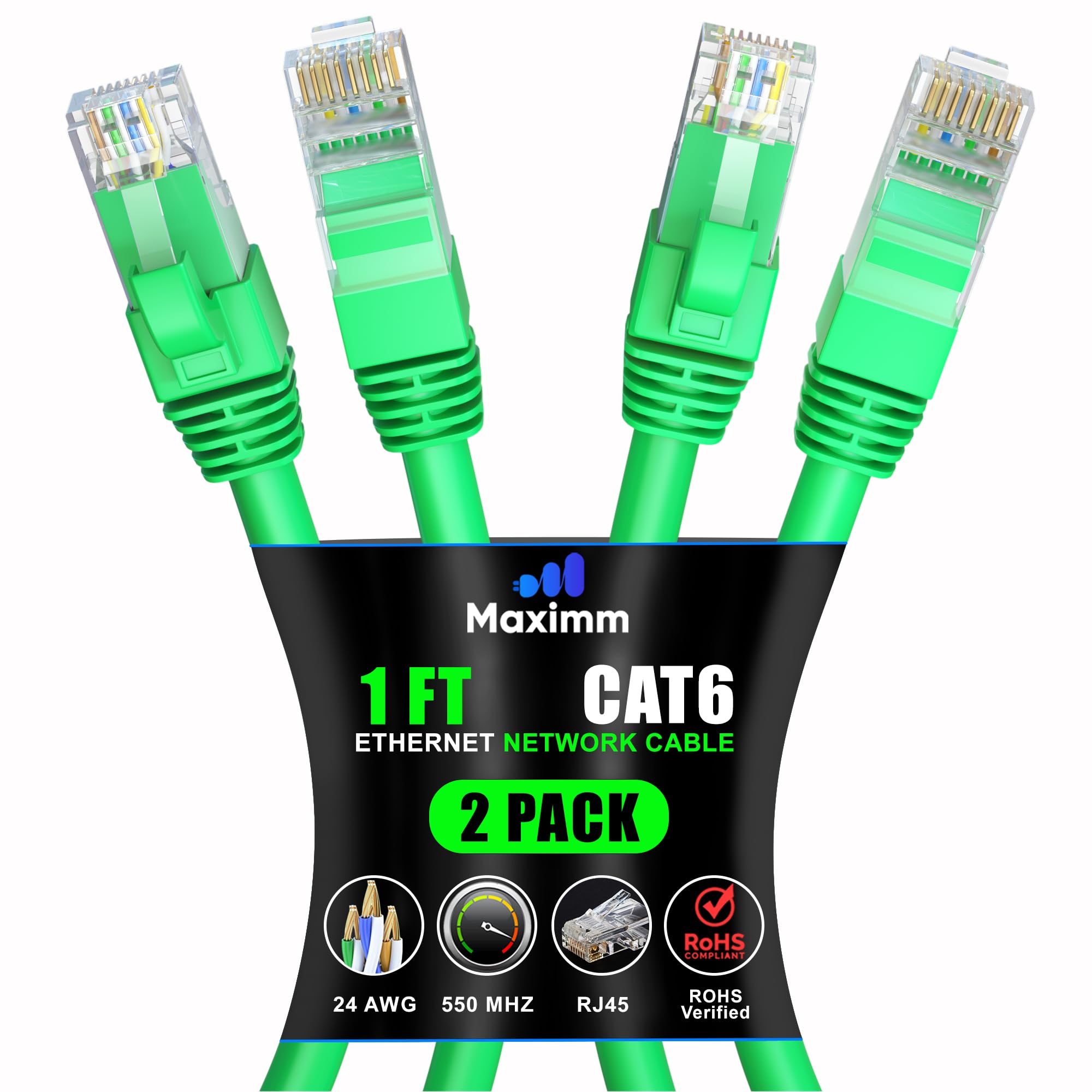 Maximm Cat 6 Ethernet Cable 1 Ft (2 Pack)   High Speed Lan Cable, Internet Cable, Patch Cable, And Network Cable   Utp, 10Gbps, 550Mhz Ethernet Cord   Green