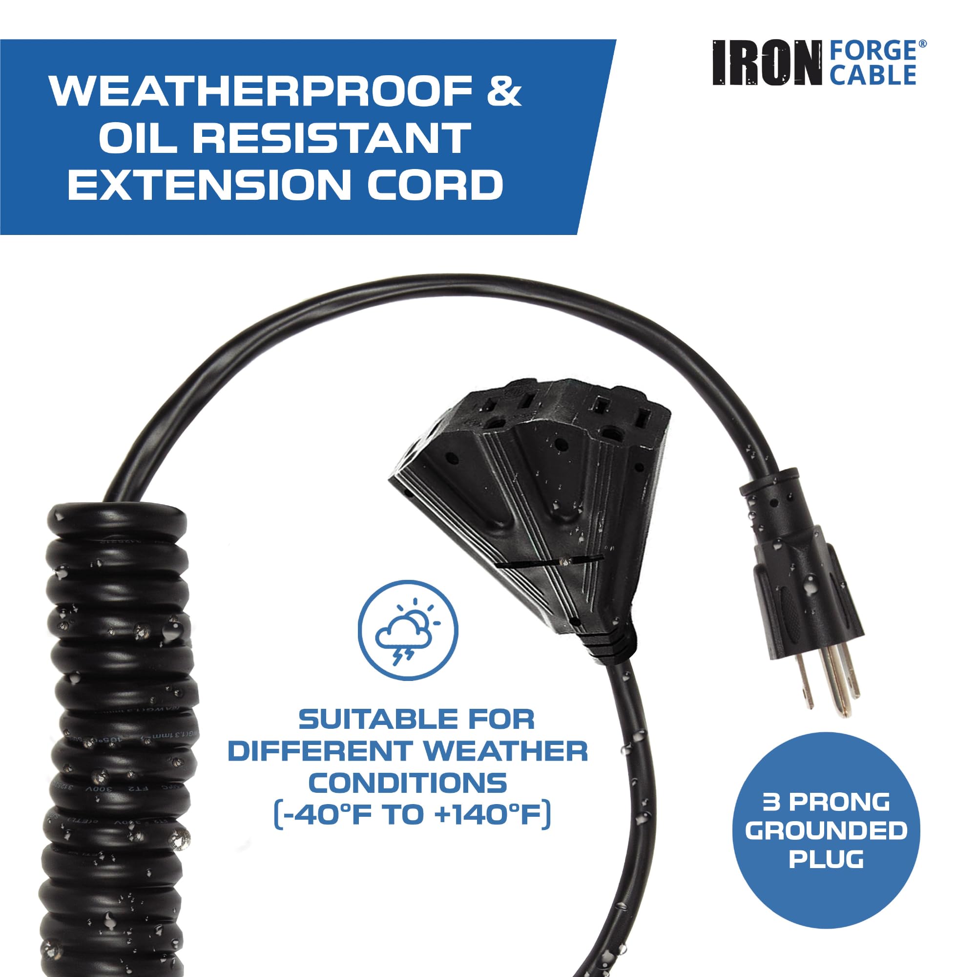 Iron Forge Cable 3 Outlet Black Outdoor Coiled Extension Cord 15 Ft, 16/3 Sjeow Oil Resistant & Flame Retardant Power Cord 13 Am