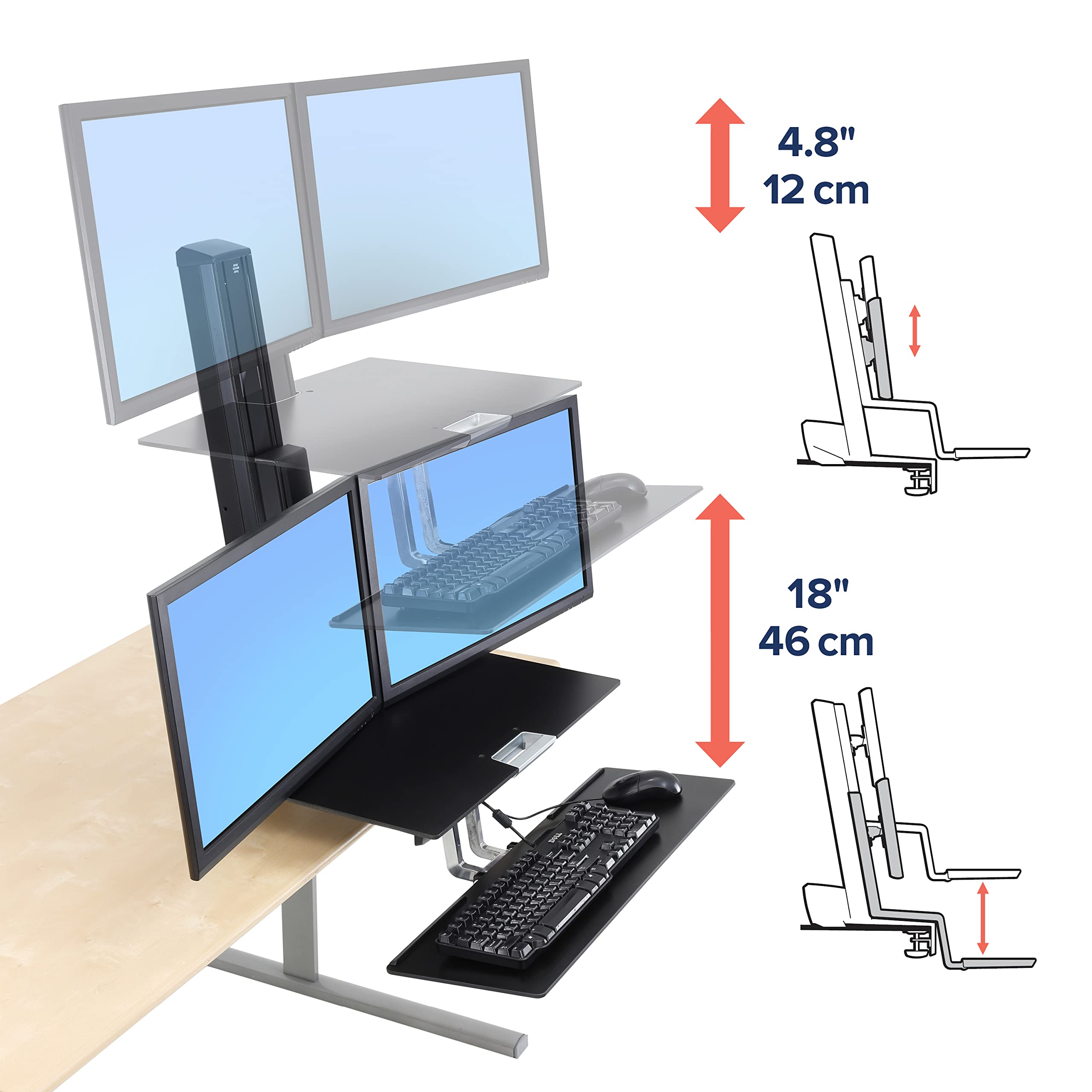 Ergotron WorkFit-S Dual Monitor Desk Converter, Sit Stand Workstation with Worksurface, Black, Model 33-349-200