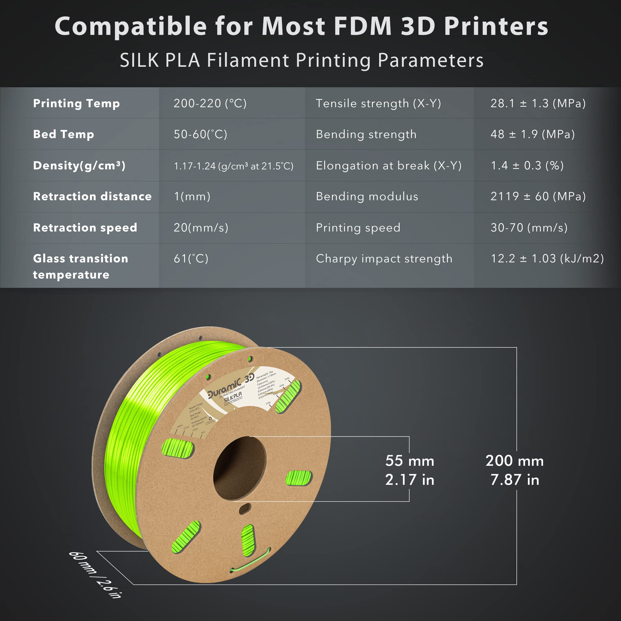 Duramic 3D Shiny Silk Pla Filament 1.75Mm Shiny Metallic Pla Filament Dimensional Accuracy +/- 0.05 Mm Neon Green