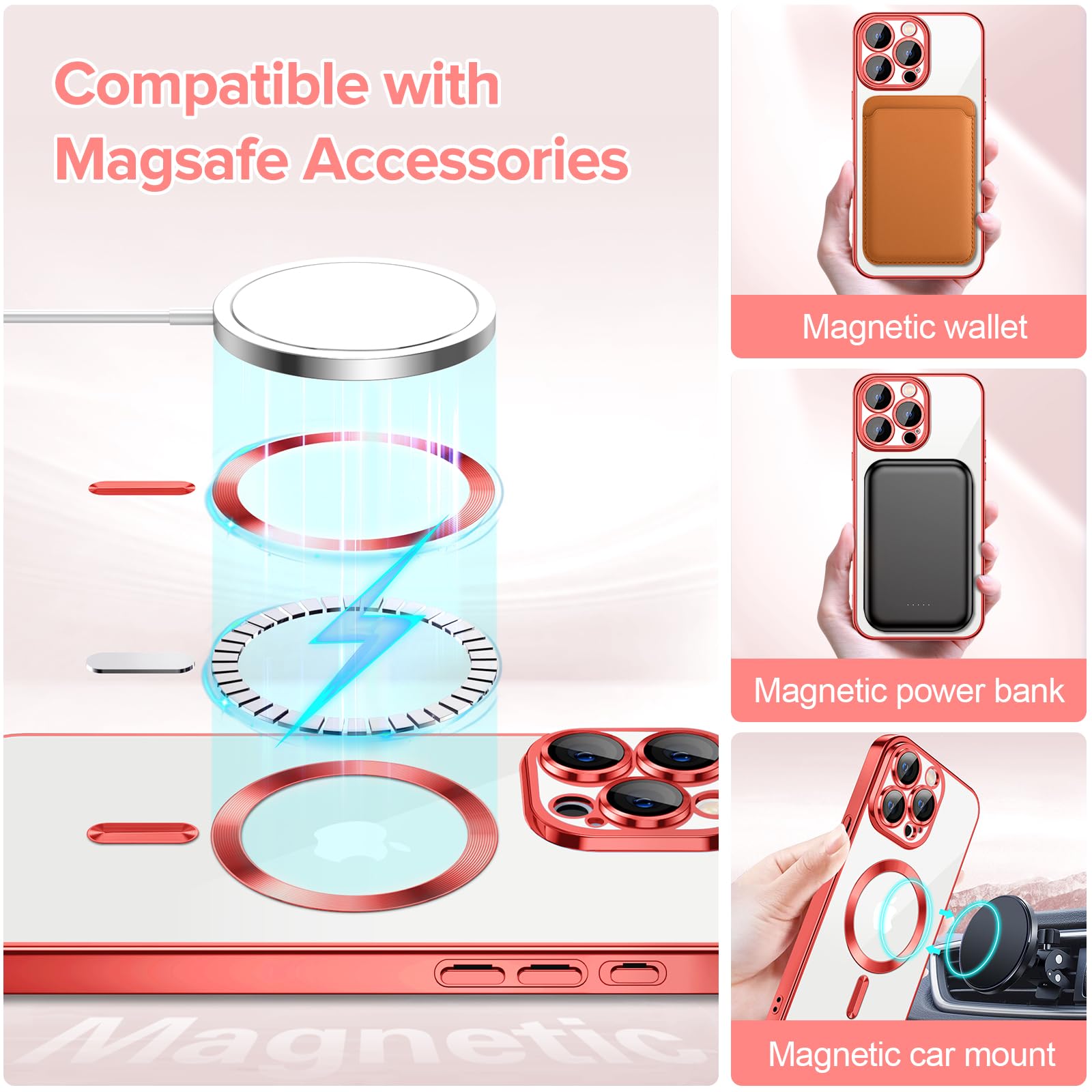Hython Magnetic Clear Case For Iphone 15 Pro Case With Camera Lens Protector [Compatible With Magsafe] Slim Luxury Plating Edge