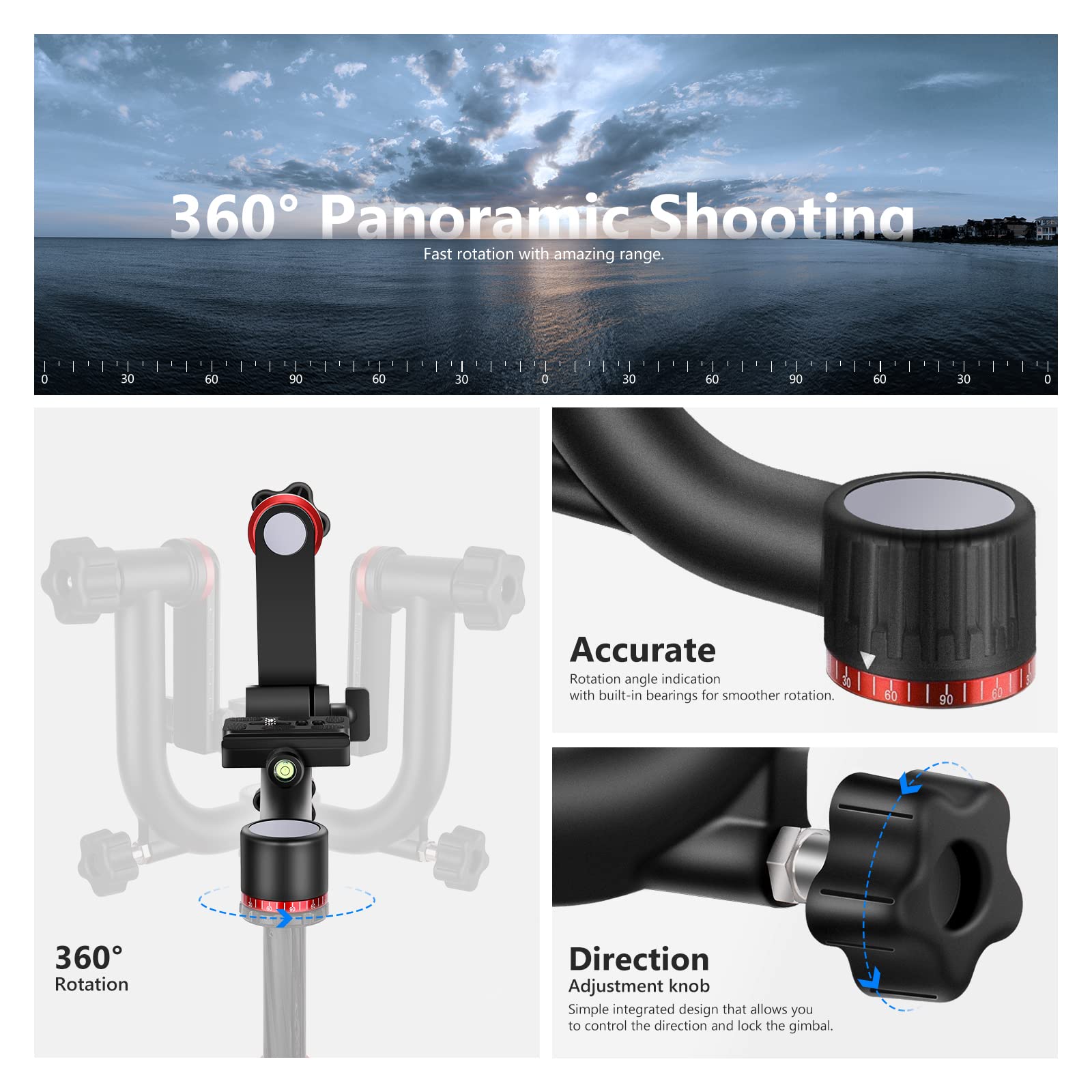 NEEWER Gimbal Tripod Head - Heavy Duty Aluminum Alloy, 360° Panoramic Shooting, Supports DSLR Up to 30lbs, Black, Model 10099646
