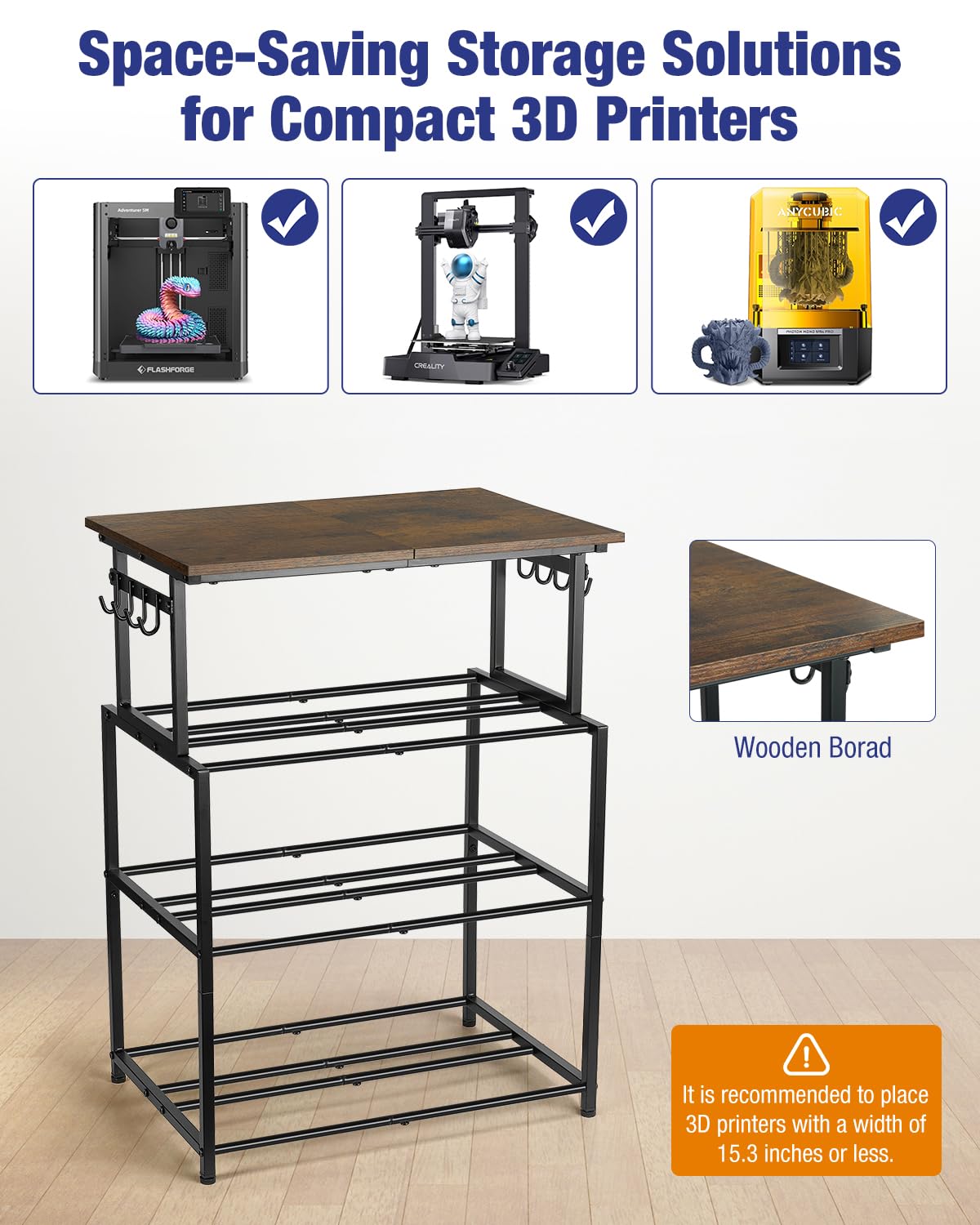 Enigmasoul 4-Tier 3D Printer Table With Filament Storage, Heavy-Duty Steel Frame And Wood Top, Adjustable Feet For Stability, Pe