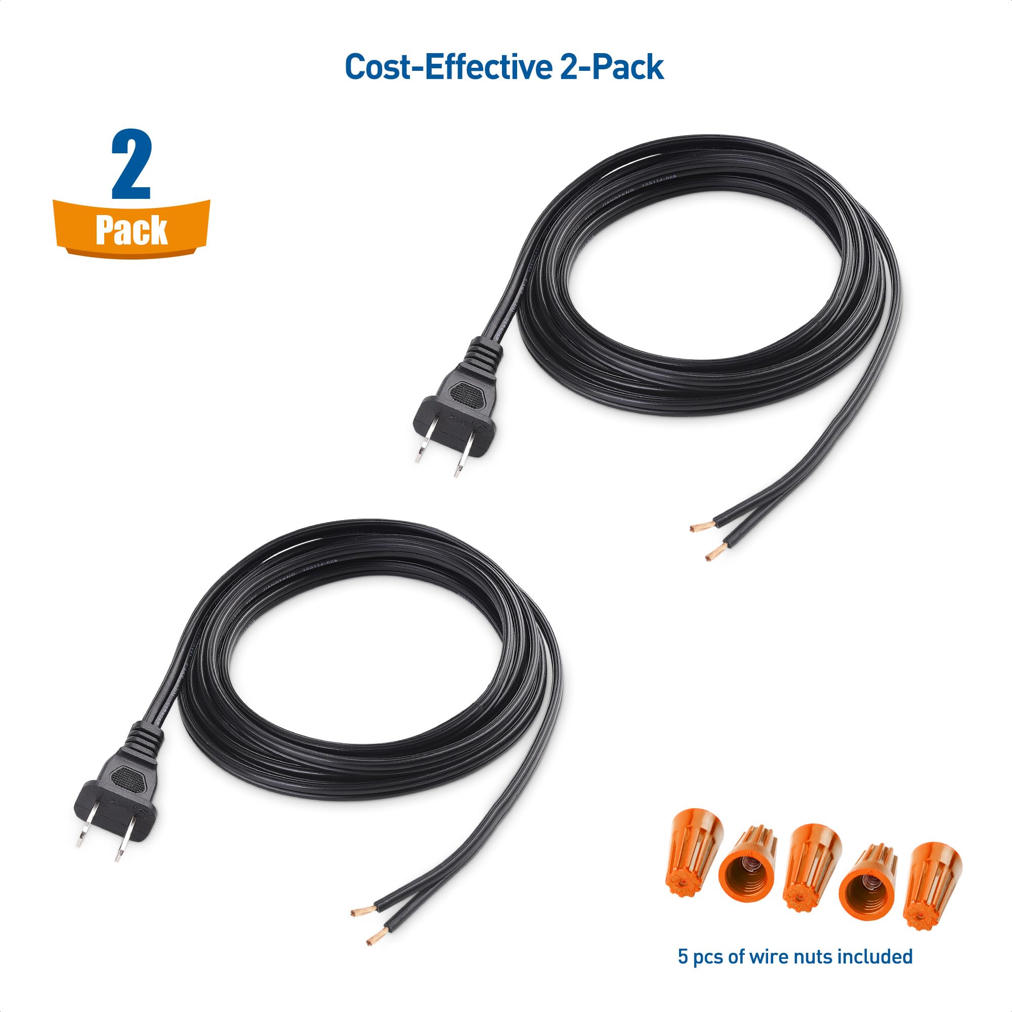 Cable Matters 2 Pack Polarized 18Awg 2 Prong Replacement Cord Lamp Wire 8 Ft   10A, Nema 1 15P To 2 Wire For Lamp Cord Replaceme