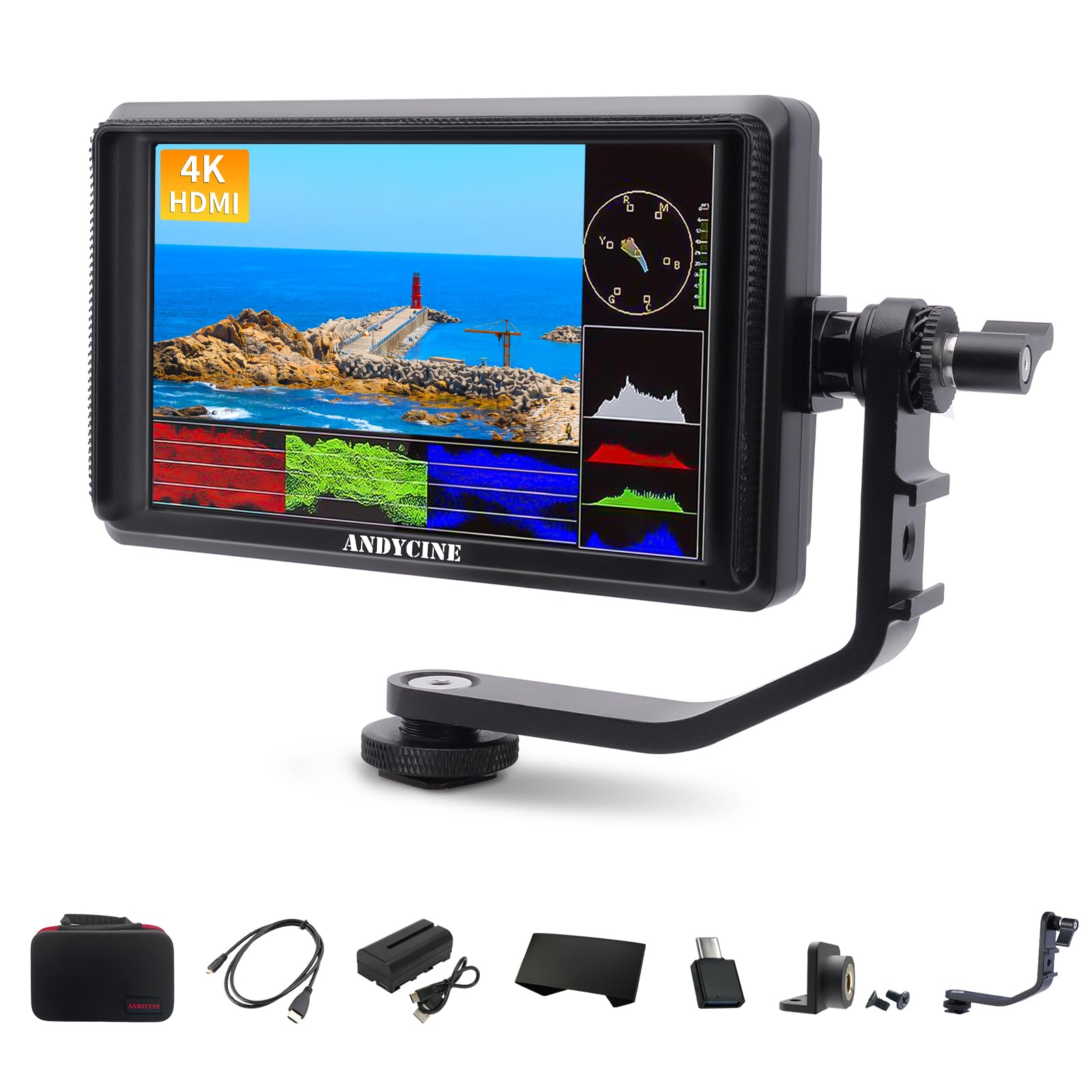 ANDYCINE A6 V2 6 Inch HDMI Field Monitor 1920x1080 Camera Fiedl Monitor Bundle with 4k HDMI in/Out Tilt Arm, Power Output, Batte