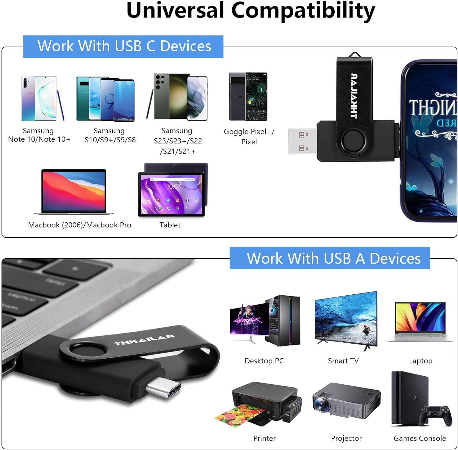 Thkailar 64Gb Type C 3.1 Usb Flash Drive 2 In 1 Thumb Drive With Usb And Type C Port Compatible With Mac Pro/Laptops/Pc Transfer