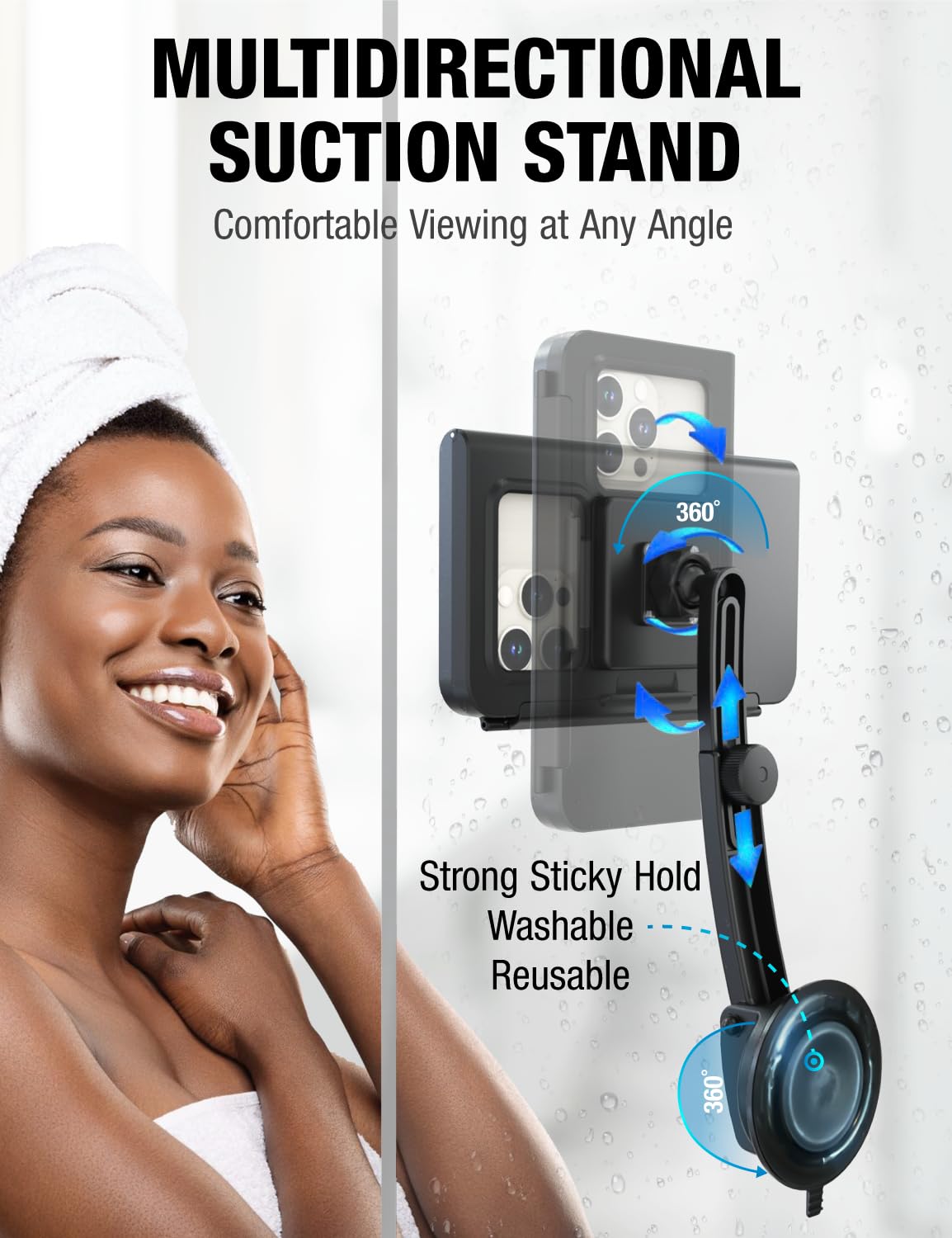 Aquashell Shower Phone Holder Waterproof - Retractable Rotatable Reusable Adjustable Suction Cup Stand Anti Fog Water Proof Phon