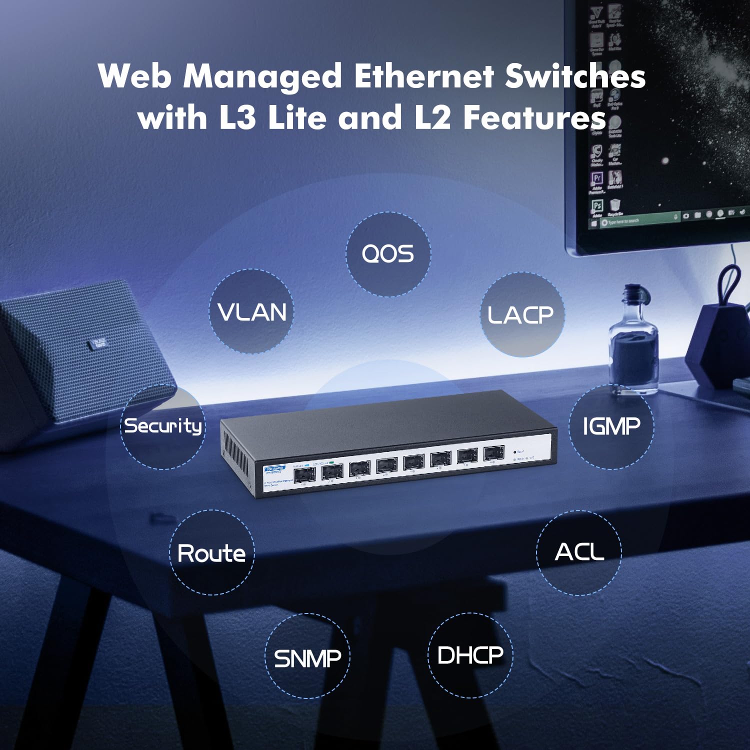 Yulinca 8 Port 10Gbps Sfp+ Managed Switch, Support 1G/2.5G/10G Sfp Module, 160Gbps Bandwidth, Desktop|Wallmount Metal Fanless Ma