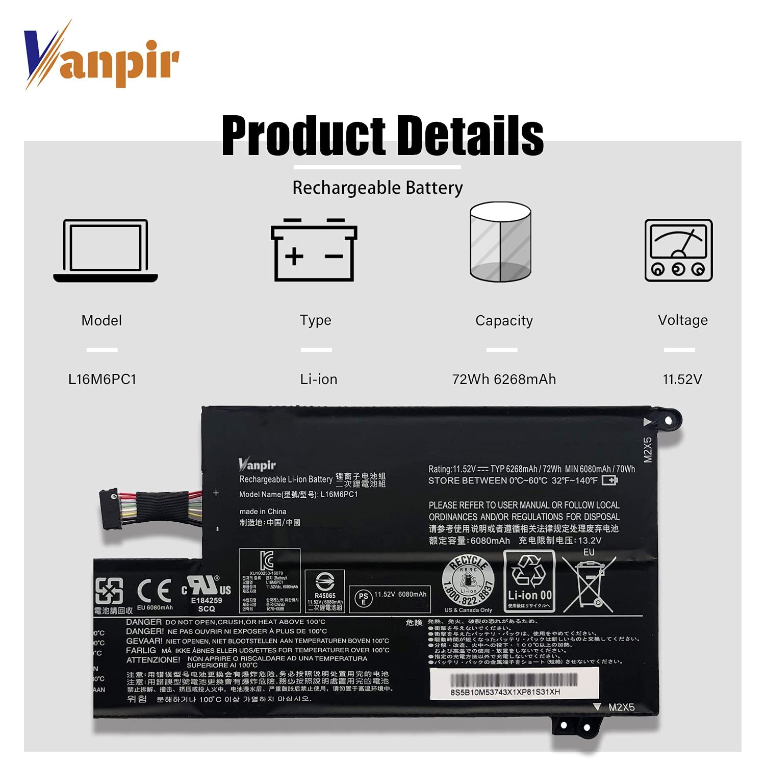 Vanpir L16M6Pc1 Laptop Battery 11.52V 72Wh 6268Mah Replacement For Lenovo Yoga 720 15Ikb Series Notebook L16L6Pc1 L16C6Pc1 5B10M