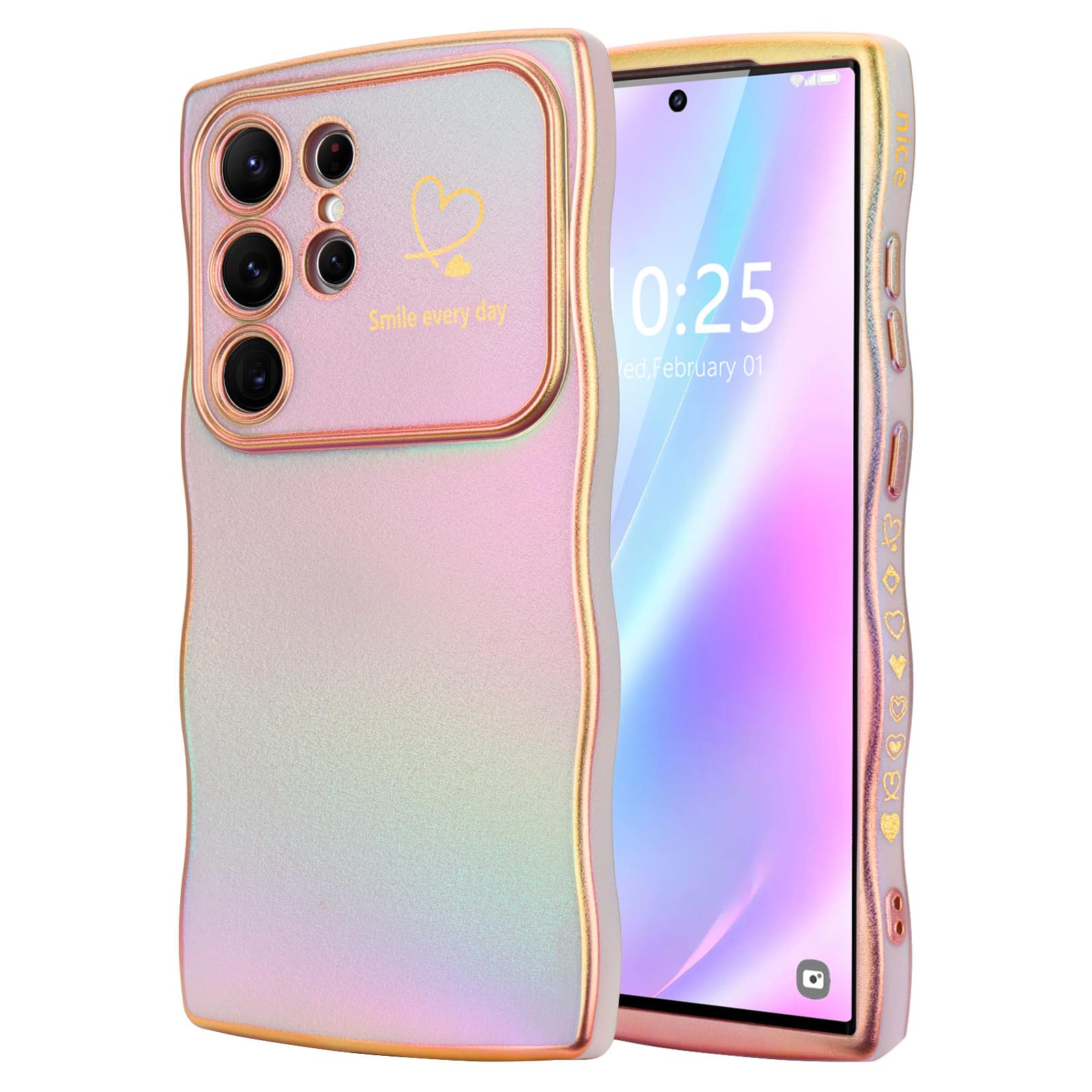 Lchulle For Samsung Galaxy S24 Ultra Case For Women Girls, Cute Wave Frame Curly Shape With Love Heart Camera Protection Luxury