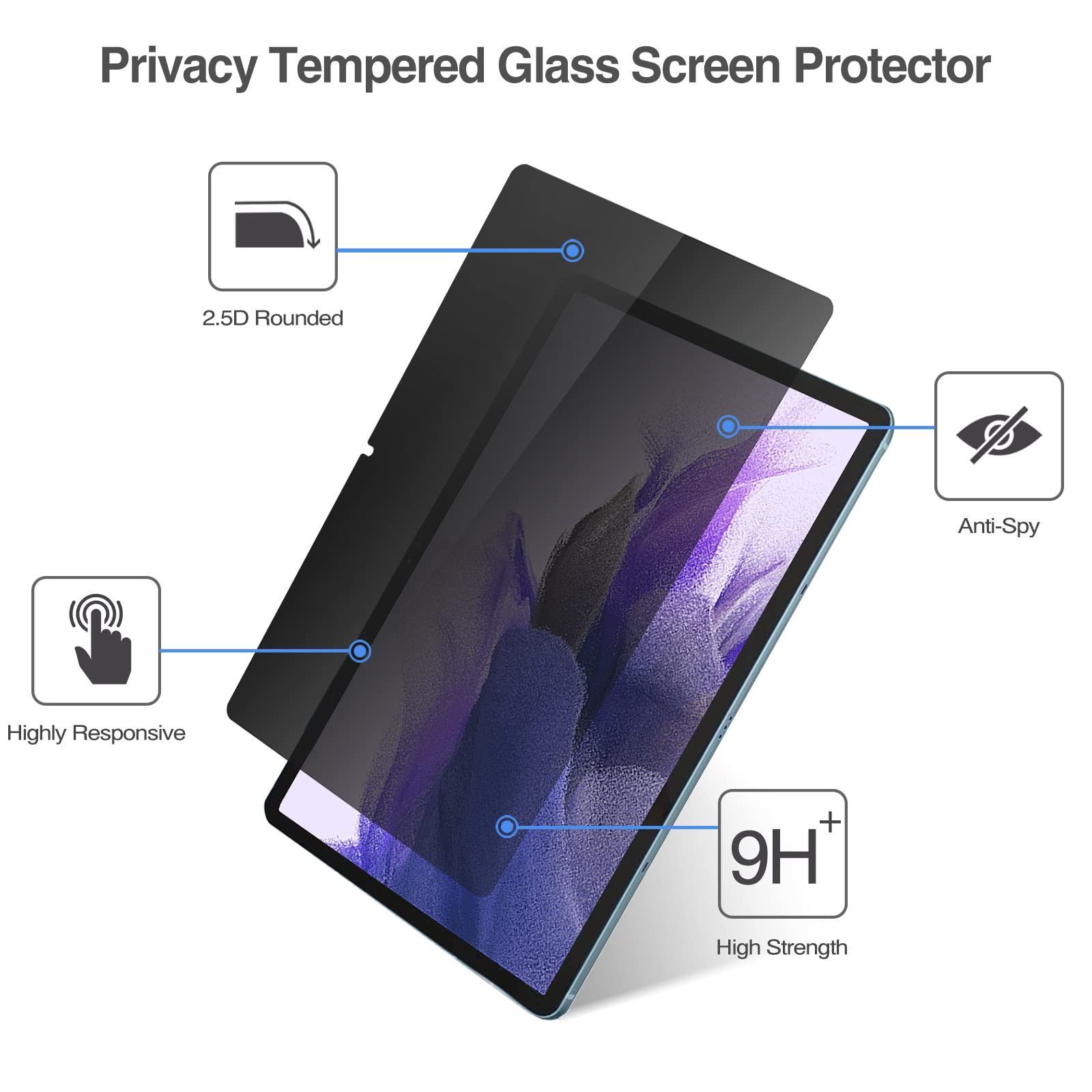 ProCase Anti-Spy Tempered Glass Privacy Screen Protector for Galaxy Tab S10 Plus/S9 FE Plus/S9 Plus/S8 Plus/S7 FE 12.4 Inch - Black
