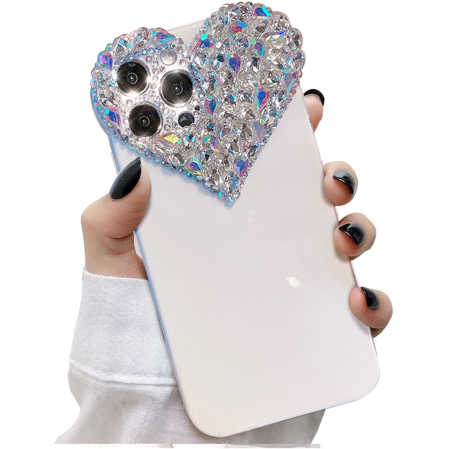 Enytdmo Cute Iphone 13 Pro Max Case 3D Glitter, Pretty Sparkle Rhinestone Diamond Cute Aesthetic Heart Gems Bling Case Soft Bump