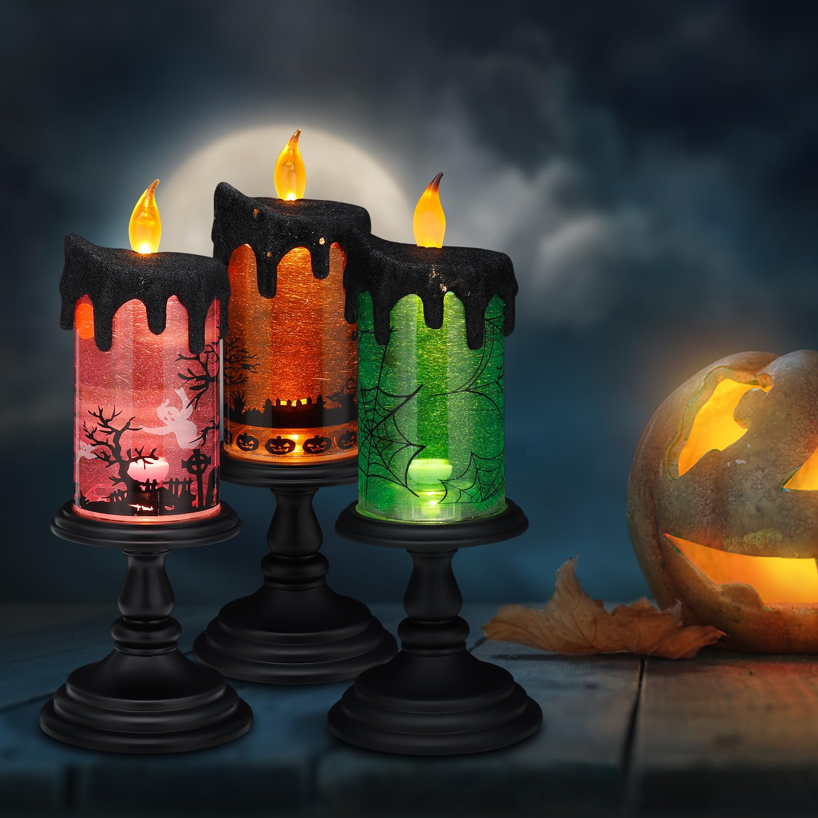 Aomil Halloween Snow Globe Candles Lighted Lamp, Lighted Flameless Candles With Water Glitter Swirls And Spooky Moving,Battery O