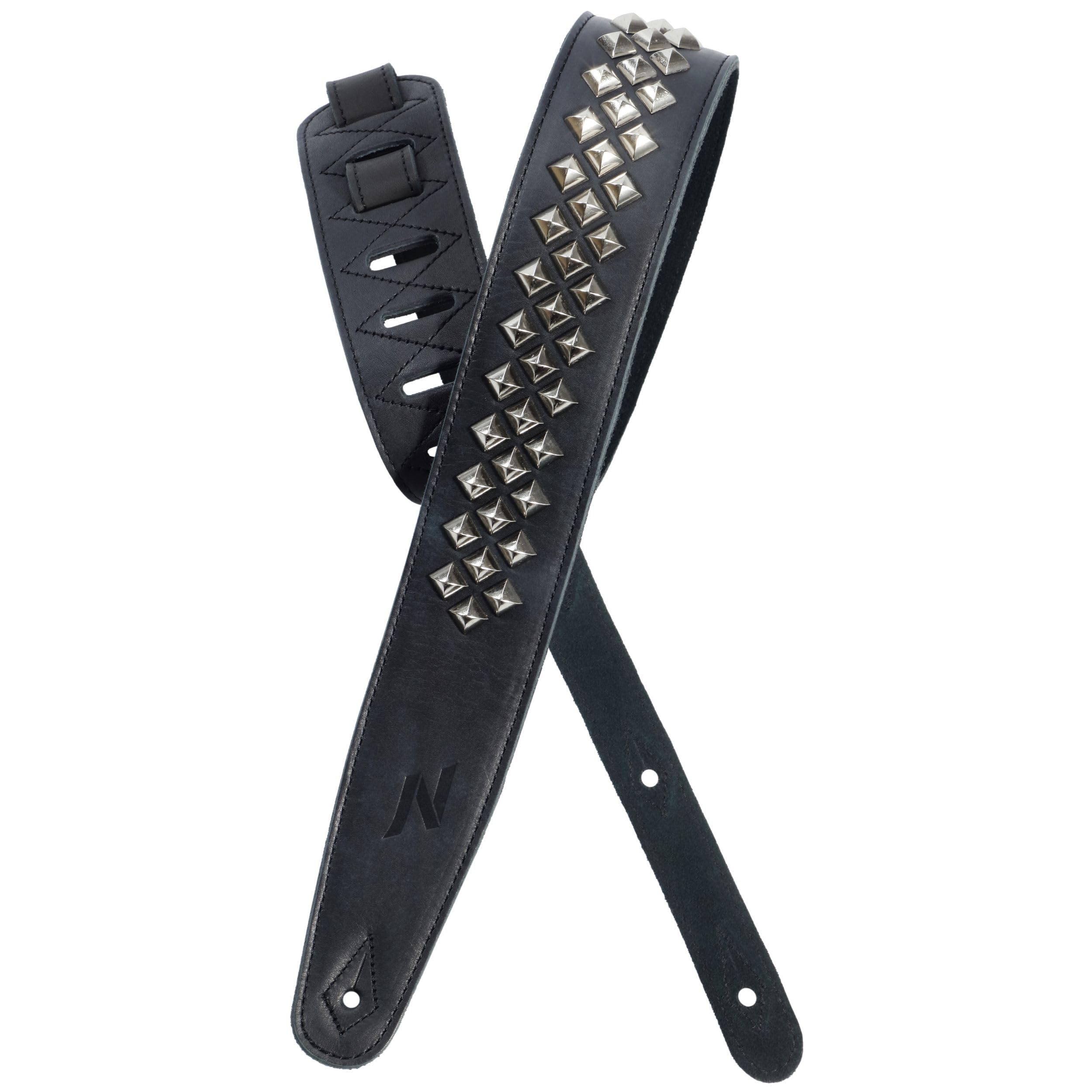 Nefelibata Full Grain Leather Guitar Strap with Foam Padding with Square Diamond Silver Rivets for Electric, Acoustic and Bass G