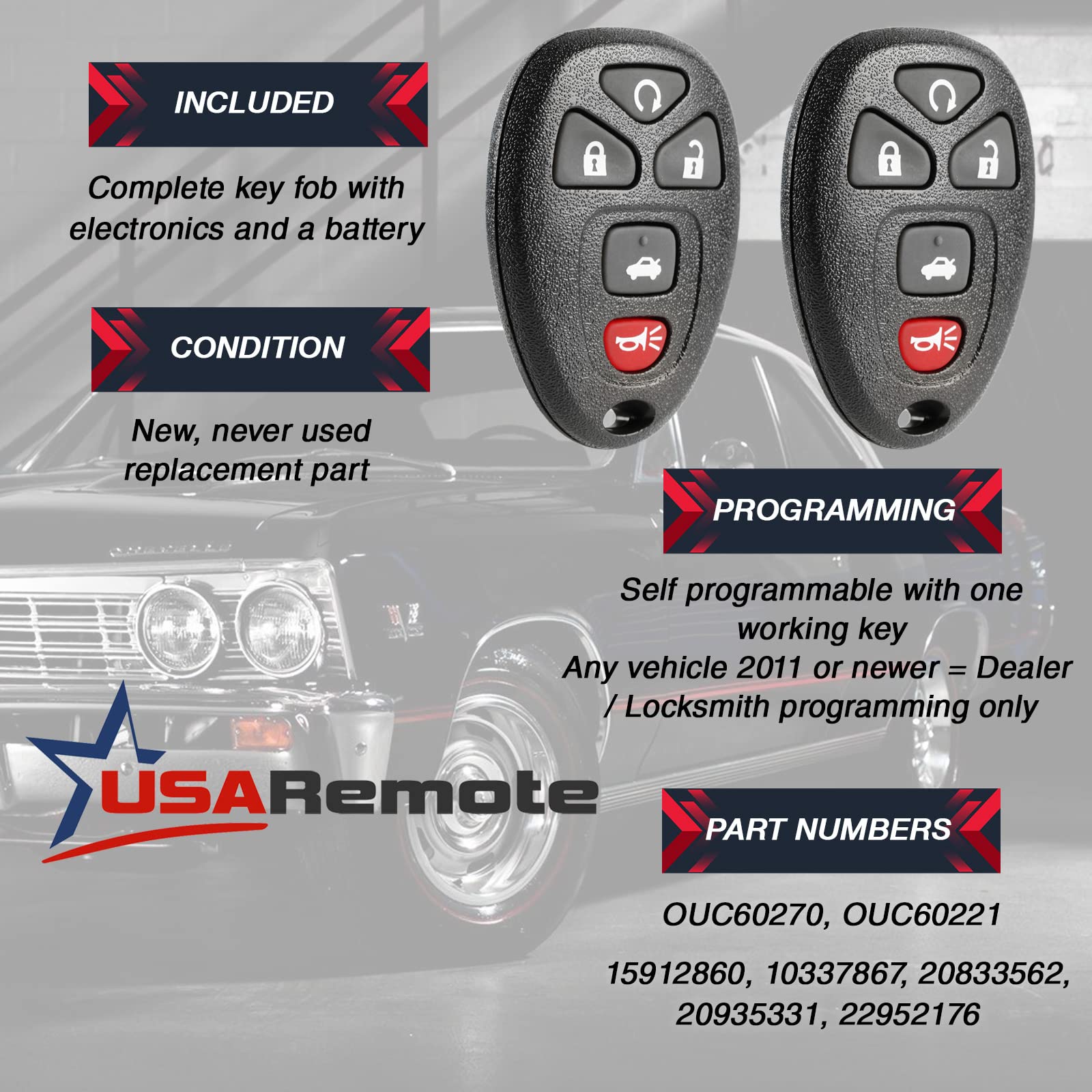 Key Fob Keyless Entry Remote With Ignition Key Fits Cadillac Dts / Chevy Impala Monte Carlo 2006-2013 (Ouc60270, Ouc60221), Set