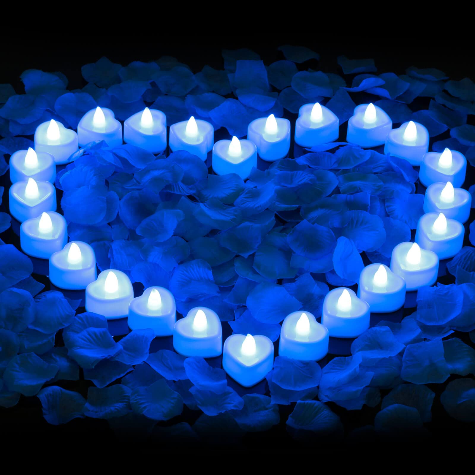 Cridoz Blue Rose Petals For Romantic Night For Him Set, 2000 Pieces Artificial Rose Petals With 24 Pieces Flameless Led Candles