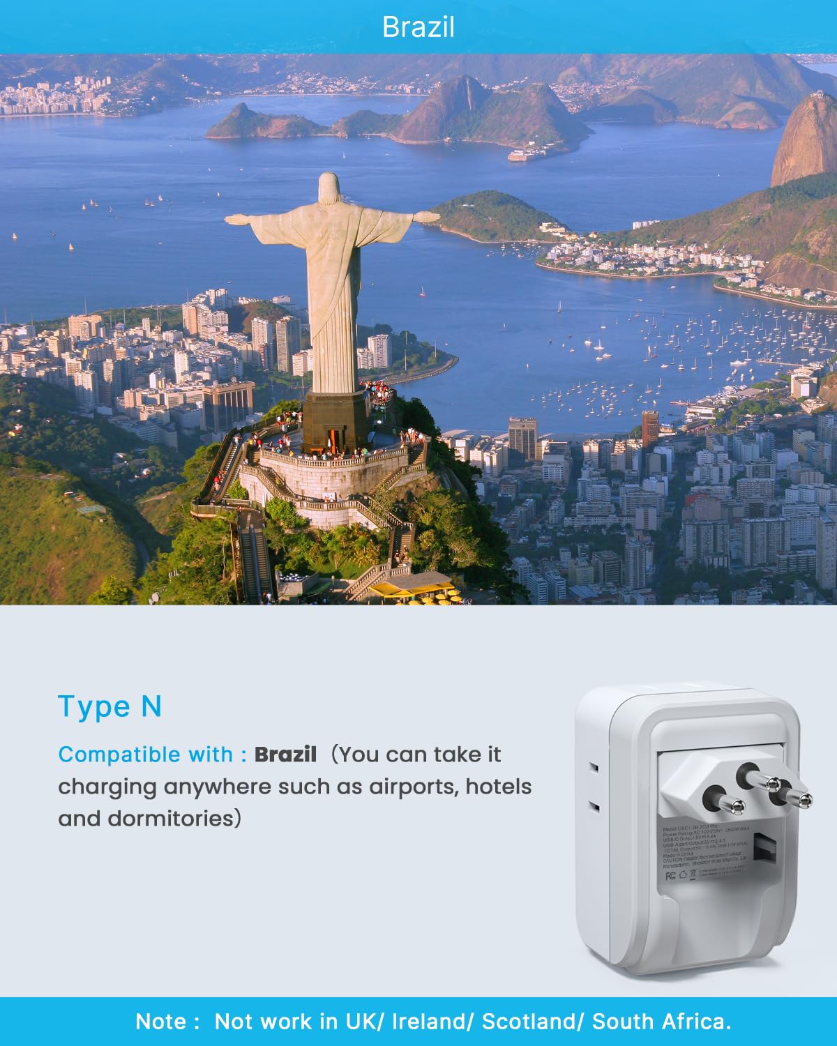 2 Pack Brazil Power Adapter, Vintar Foldable Us To Brazil Travel Adaptor With 4 American Outlets 3 Usb Ports(2 Usb C), 7 In 1 Ty