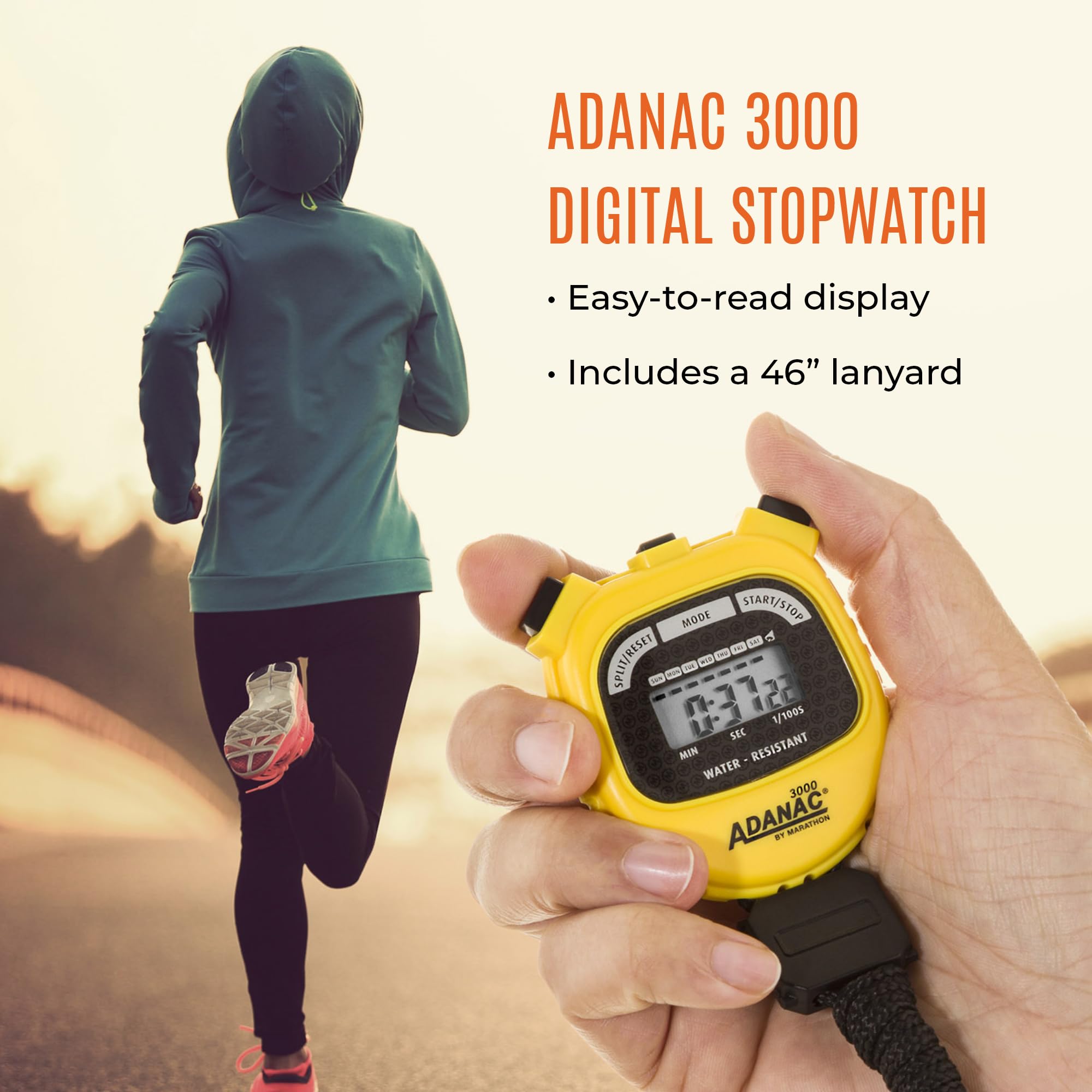Marathon Adanac 3000 Digital Sports Stopwatch Timer With Extra Large Display And Buttons, Water Resistant  Yellow