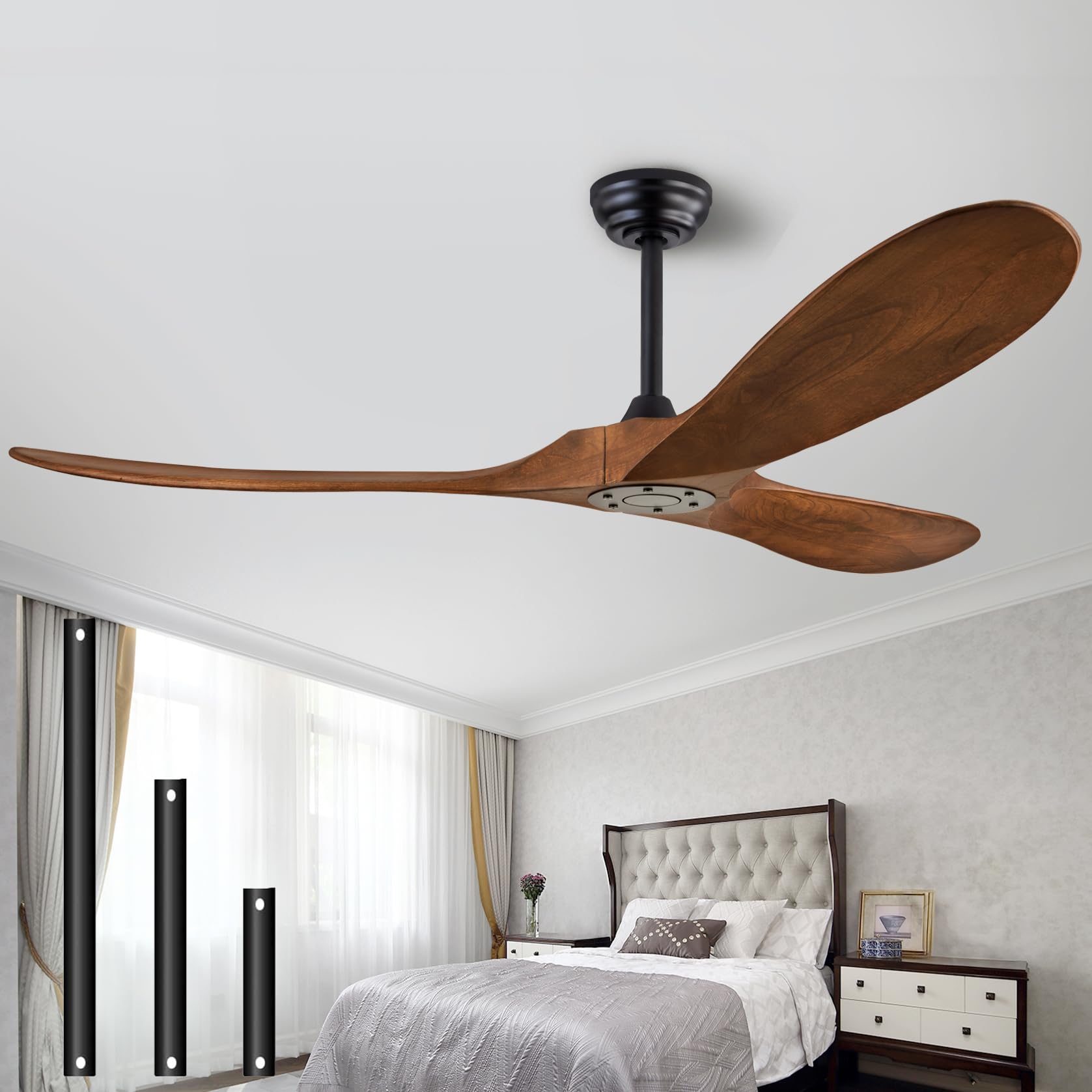 60'' Ceiling Fans ?No Light With Remote Control?, Indoor Outdoor Wood Ceiling Fan ?With 3 Wood Blades? For Patio, Living Room, B