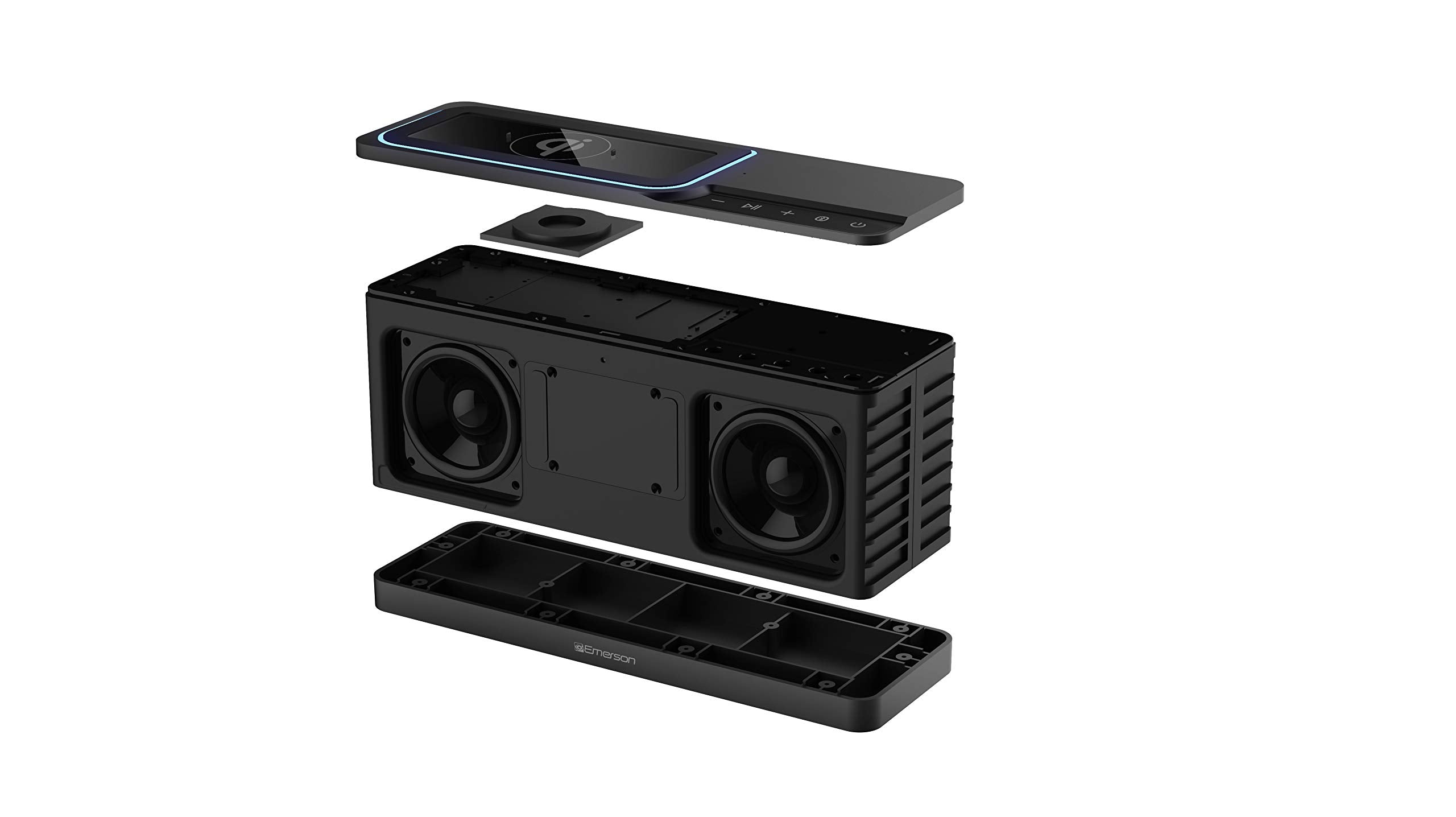 Emerson Er-Btw100 Portable Bluetooth Speaker With 20 Watt Stereo, Qi Wireless Charging, Hands Free Calling And Additional Usb Ch