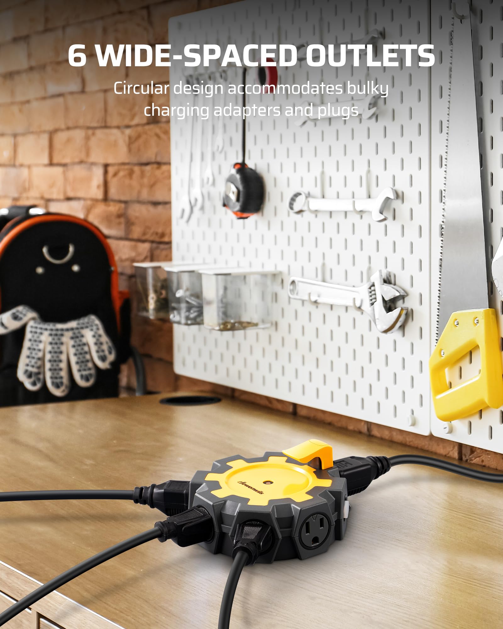 Dewenwils Heavy Duty 6 Outlet Power Hub With Swivel Safety Covers, Outdoor Extension Cord Adapter, Resettable 15A Circuit Breake