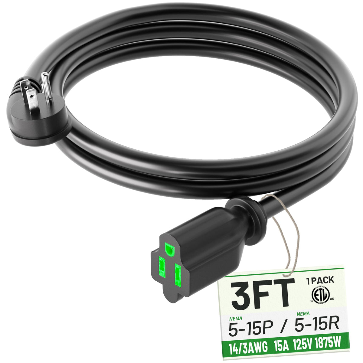 Powgrn 3 Foot Flat Plug Extension Cord Black, 14/3 Gauge Indoor Short Extension Cable, 15A 1875W 125V 14Awg, 3 Prong Low Profile