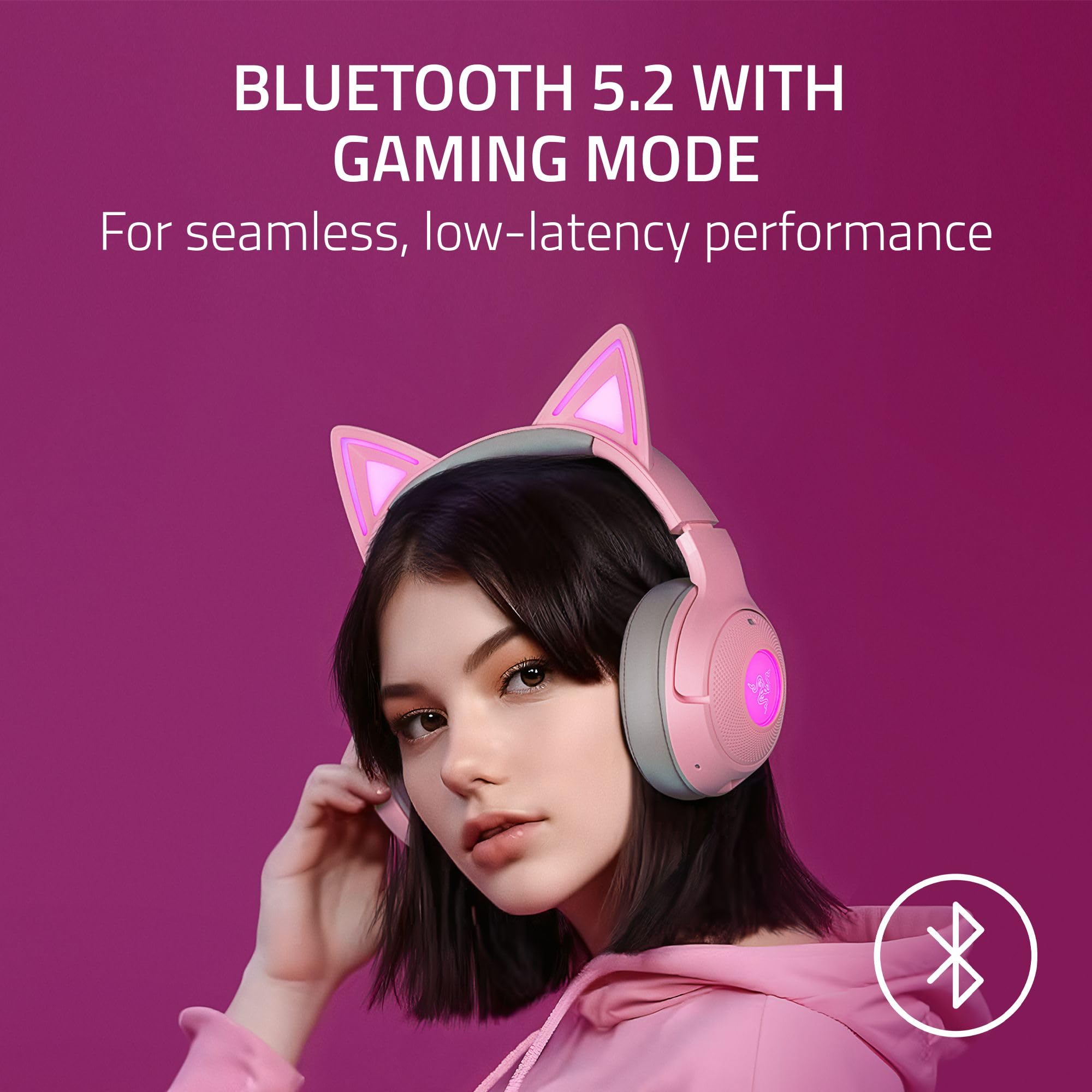 Razer Kraken Kitty V2 Bt Wireless Rgb Headset: Chroma Rgb Kitty Ears & Earcups   Bluetooth 5.2 40 Mm Drivers   Noise Cancelling