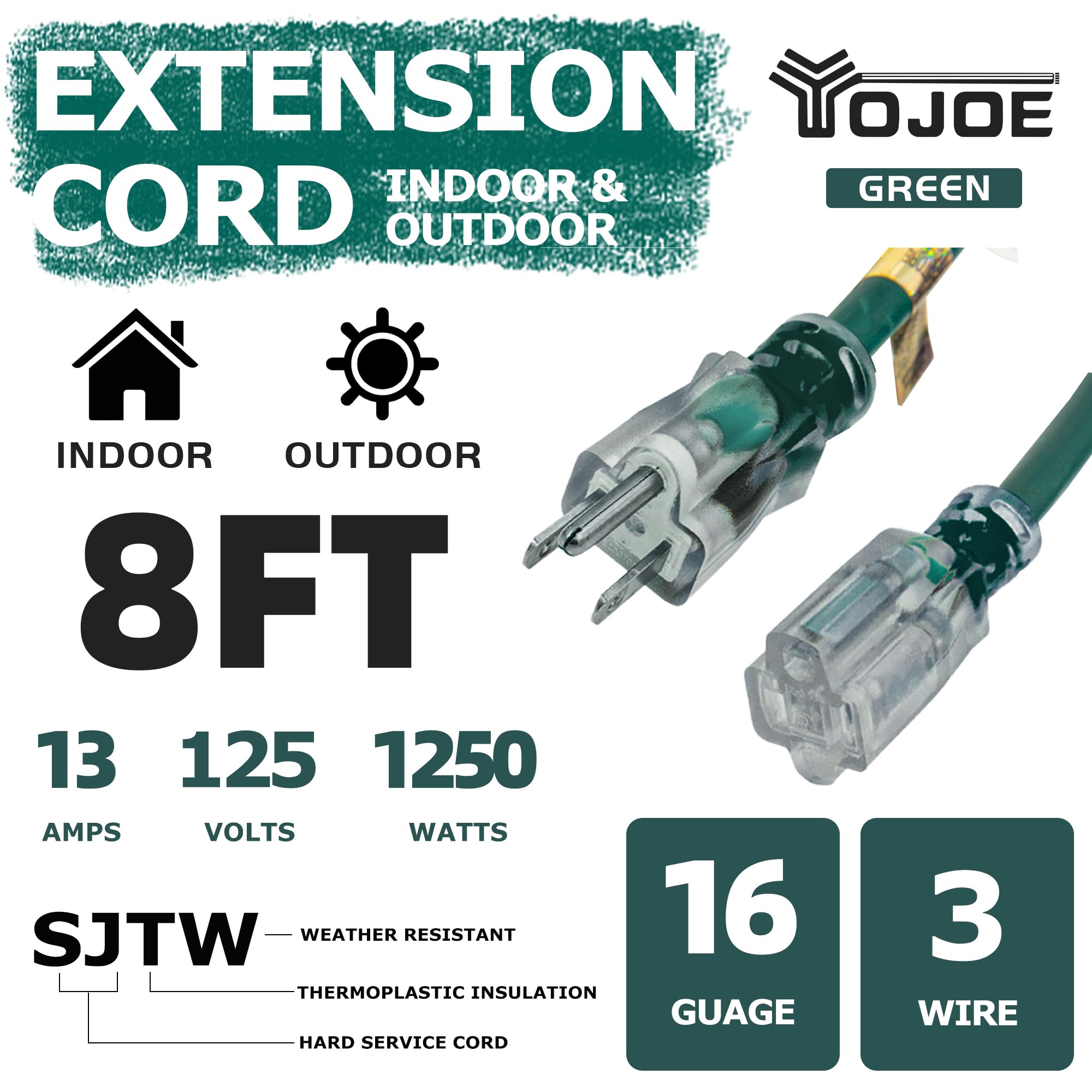 Yojoe Indoor Outdoor Extension Cord With Lighted End, 3 Prong 13A Weatherproof Power Extension Cord, 16 Gauge Heavy Duty 8 Ft Gr