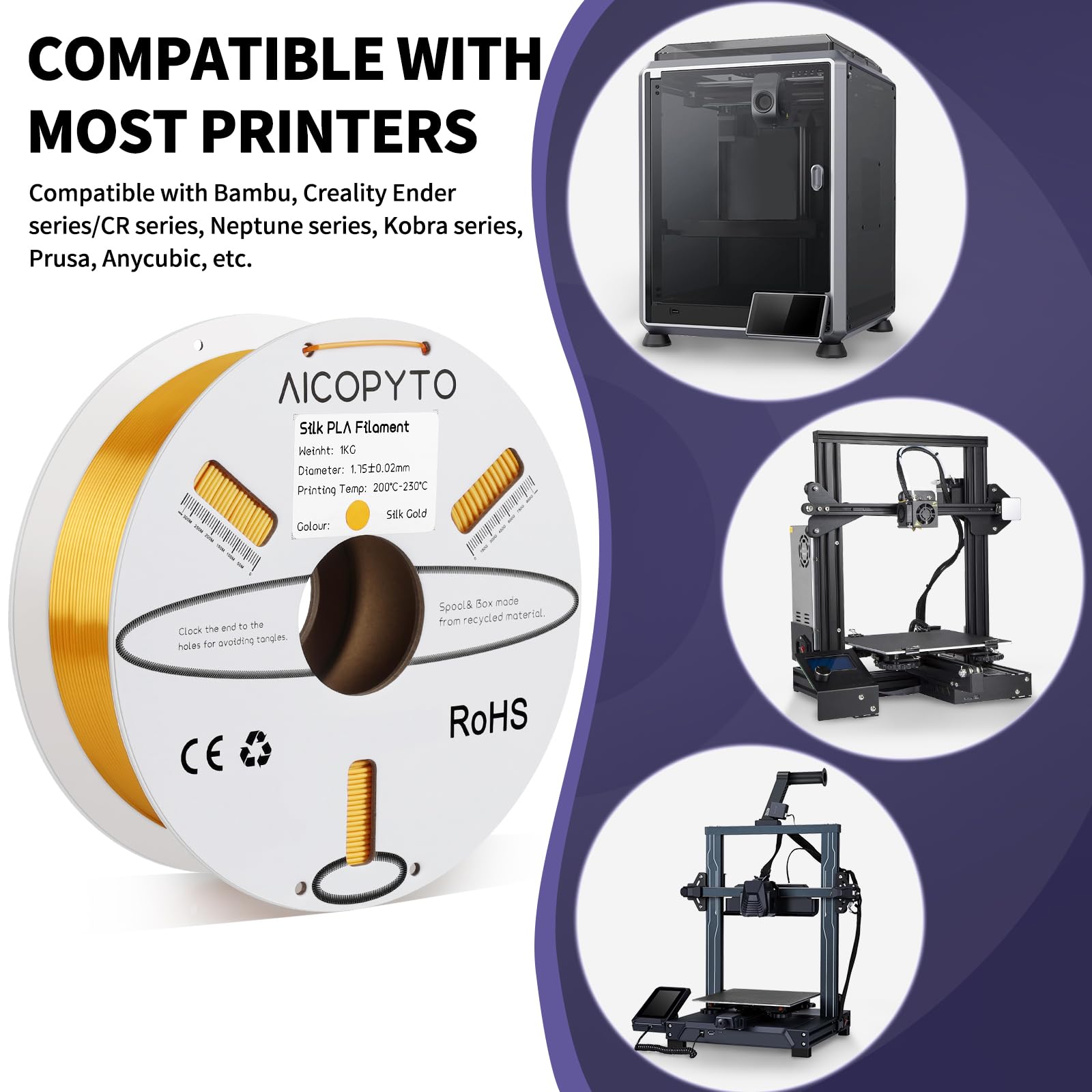 Aicopyto Silk Gold Pla Filament 1.75Mm, Clog-Free Shiny 3D Printer Gold Filament 1Kg Spool (2.2Lbs) Dimensional Accuracy Probabi