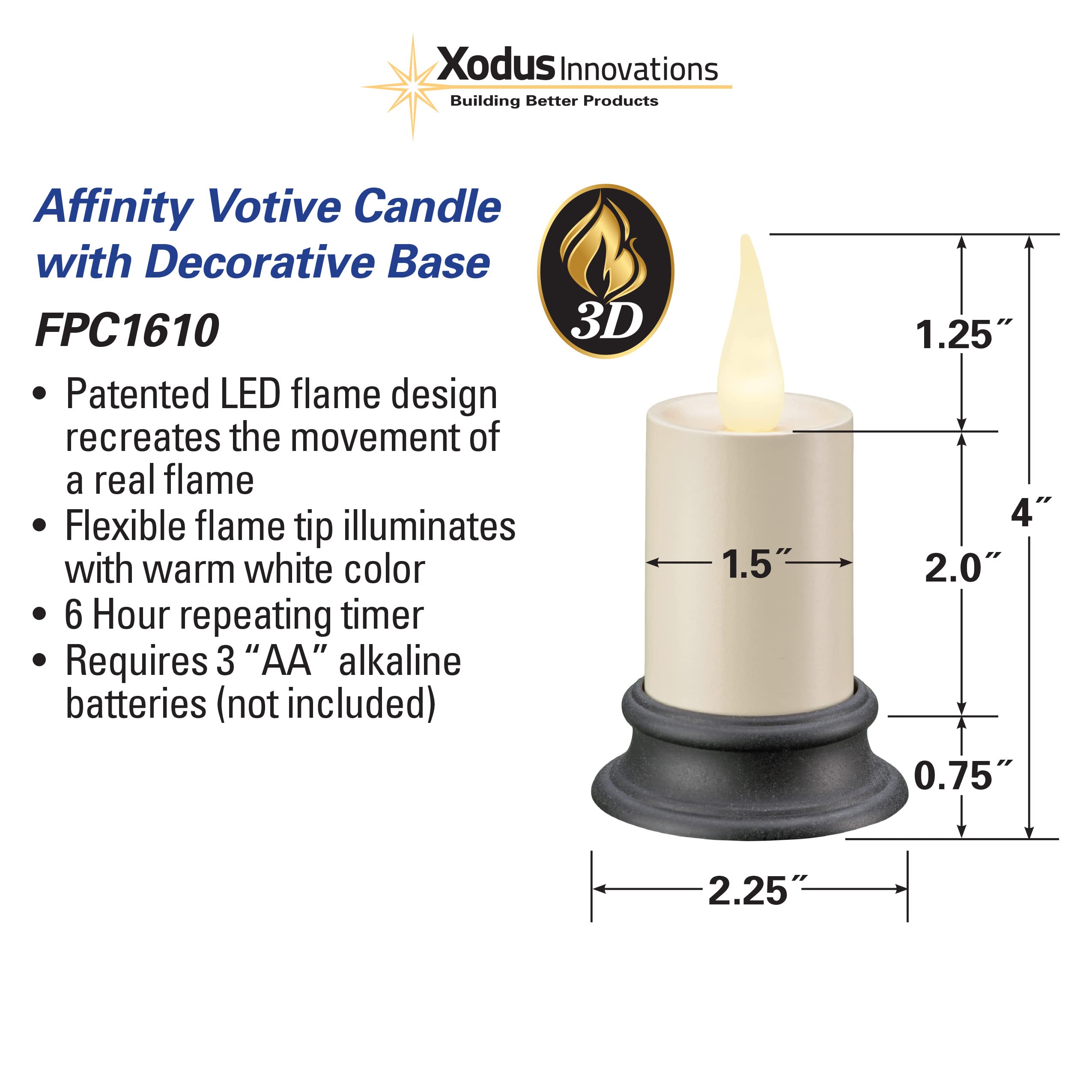 Xodus Innovations Fpc1610A Battery Operated Flameless 3 Inch Votive Candle With 3D Warm White Flickering Flame And 6 Hour Automa