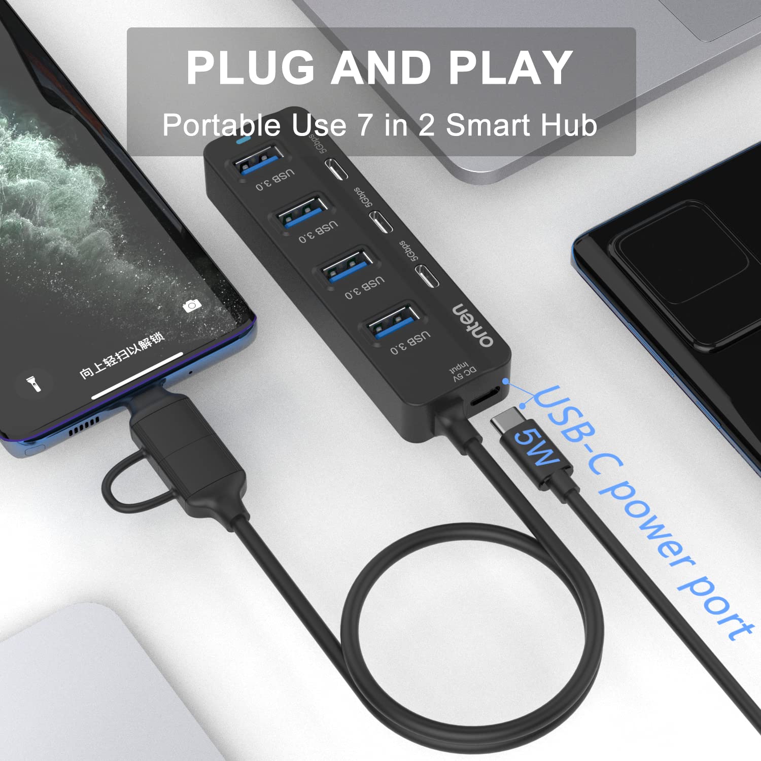 Onten Usb C Hub,7 Ports Usb3.0 To Usb C Hub With A Usb C To Usb 3.0 Adapter. 3.2Ft Cable 4*Usb3.0 Ports,3*Usb C Ports Forthunderbolt 3/4 Macbook Surface Pro And More Usb/Usb C Devices