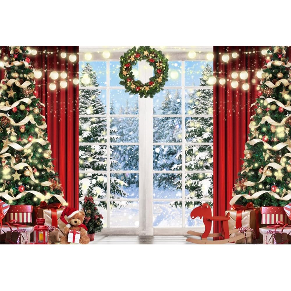 10x8ft Vinyl Winter Christmas Window Backdrop Xmas Tree Wreath Snow Snowflake Photography Background Winter Wonderland Decor Ban