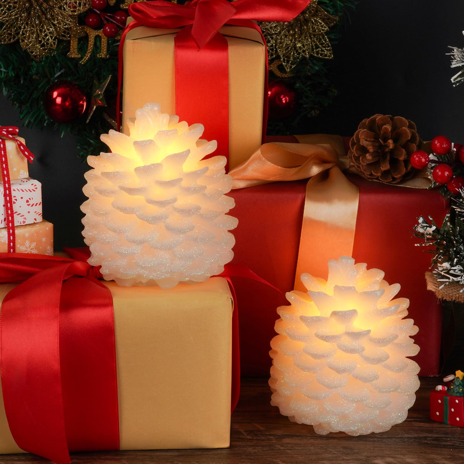Homemory 2 Pcs Pine Cone Candles Flameless, White Led Flickering Candles With 6 Hours Timer, Battery Operated Candles For New Ye