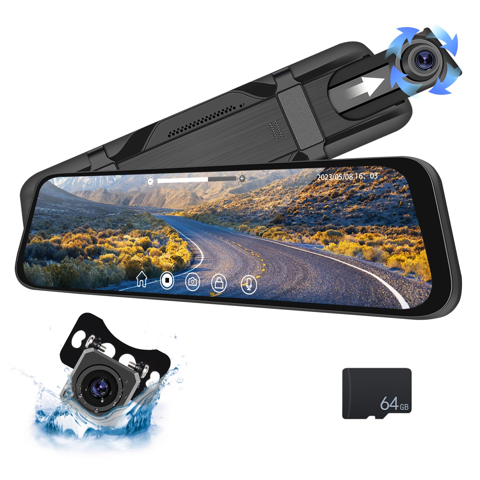 Camecho 9.66' Mirror Dash Cam Rear View Mirror Camera Front And Rear 1080P Backup Camera With 64Gb Card, Touch Screen Dual Front And Rear Camera/Night Vision/G Sensor/Parking Monitor/Loop Recording