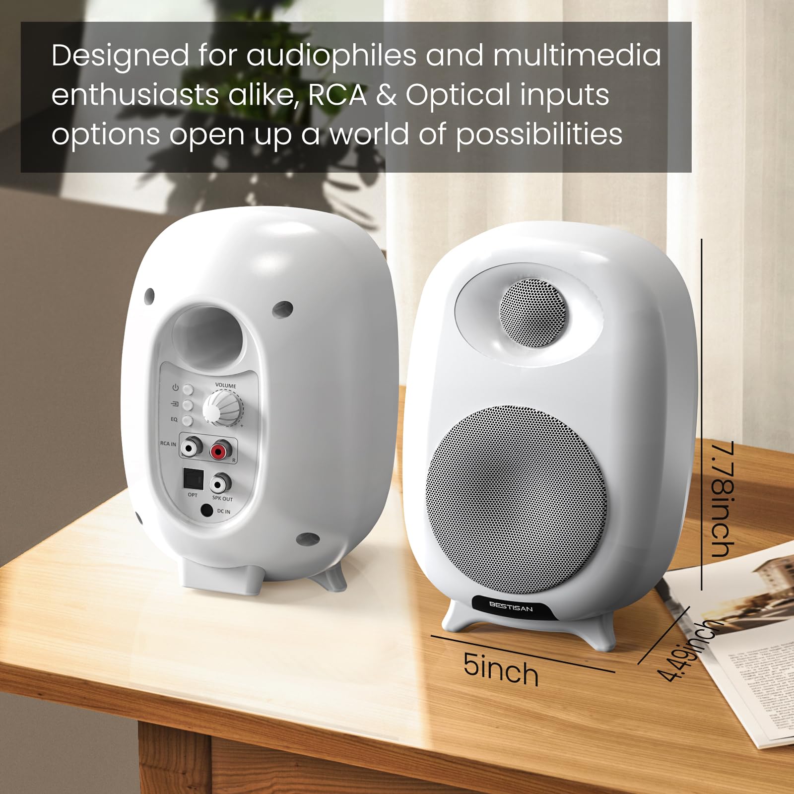 Bestisan Sr06 Bluetooth Bookshelf Speakers For Turntable, Desktops With 3 Inch Woofer, Tv Speakers With Optical/Rca Inputs(White