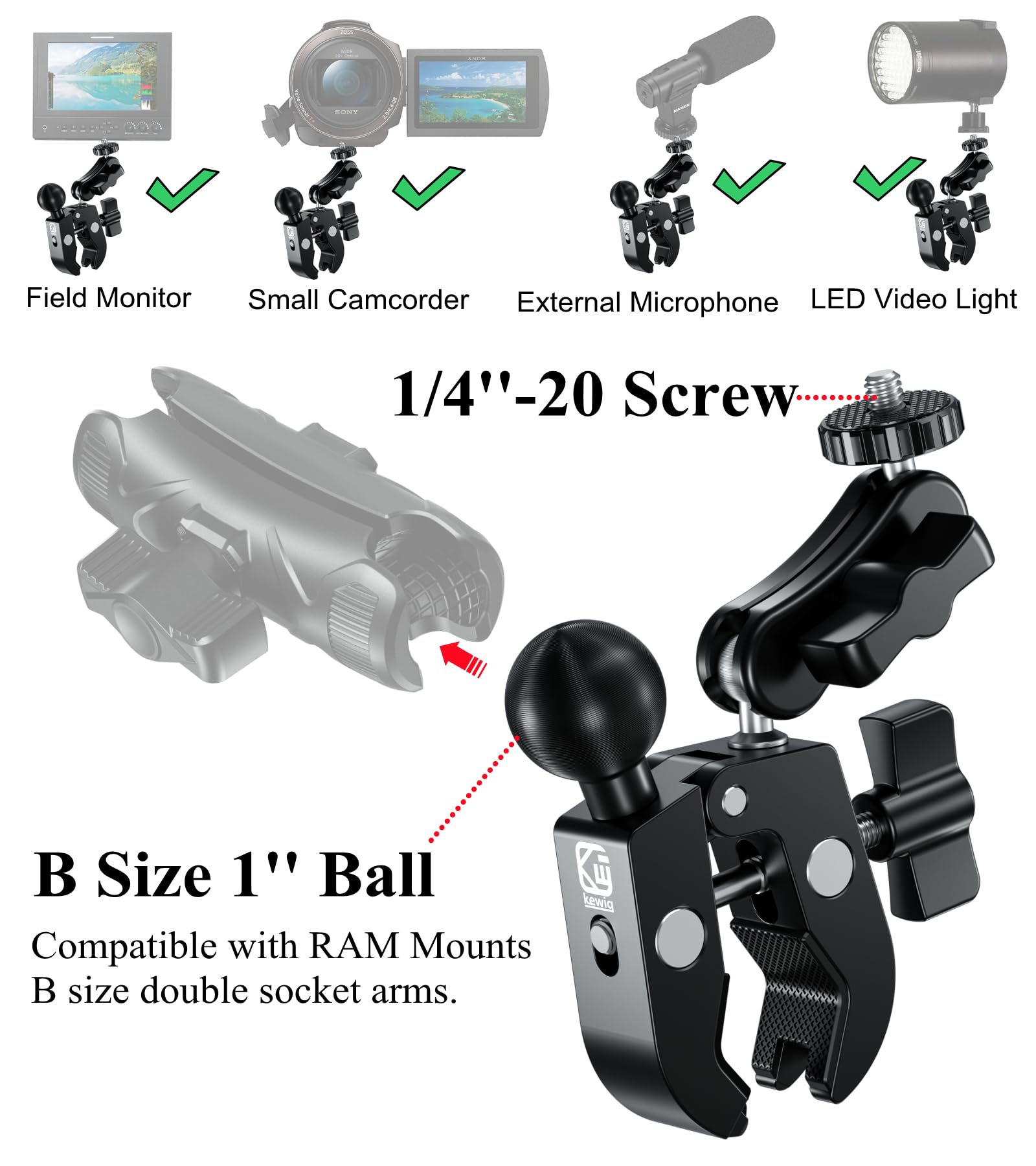Brcovan Aluminum Alloy Clamp Mount For 0.5'' 2'' Rails, 12Mm Ball, Tripod Mount Adapter, Compatible With Cameras And Camcorders