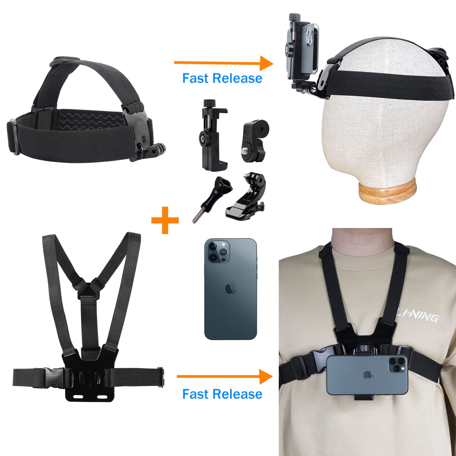 Haoyou Mobile Phone Chest Strap Mount Harness And Head Strap Holder Kit For Vlog/Pov Phone Holder Compatible With Iphone, Samsung, Google And Gopro, Akaso, Dji Osmo Action Camera