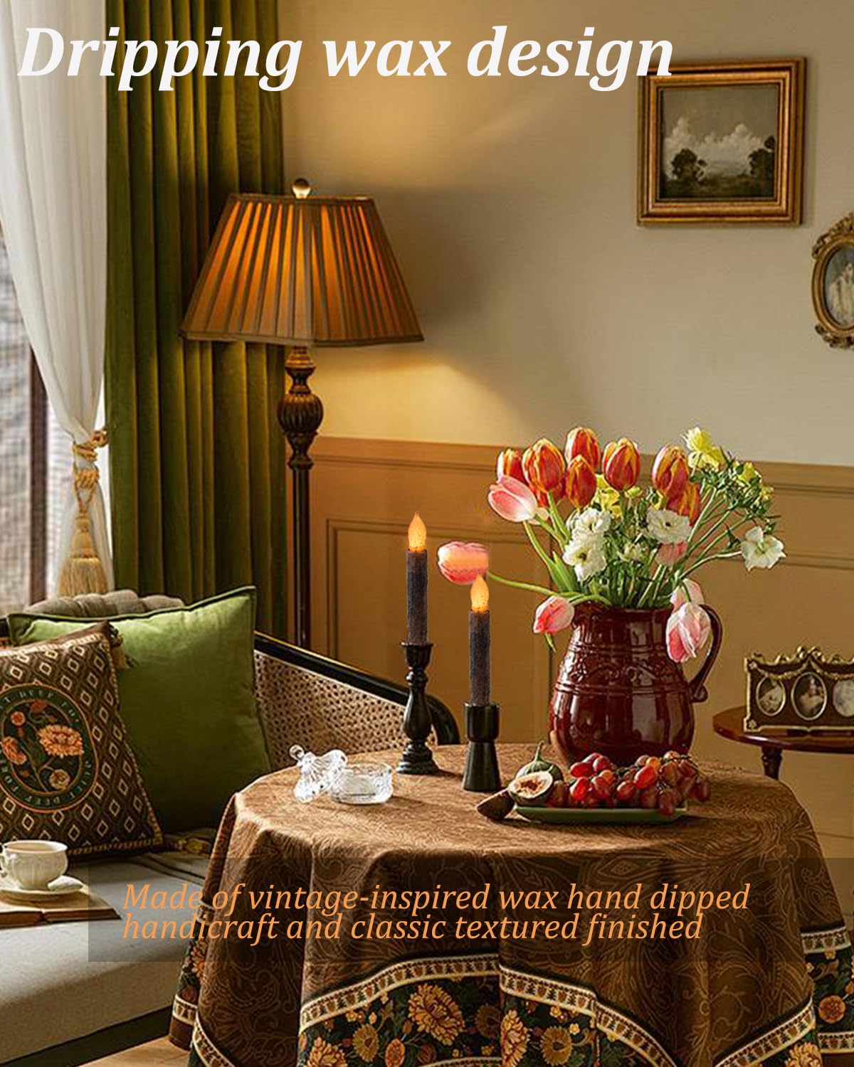 Aulaygo Taper Primitive Candles With Timer 6Pcs Real Wax Hand Dipped Battery Operated Flameless Candles For Christmas Halloween